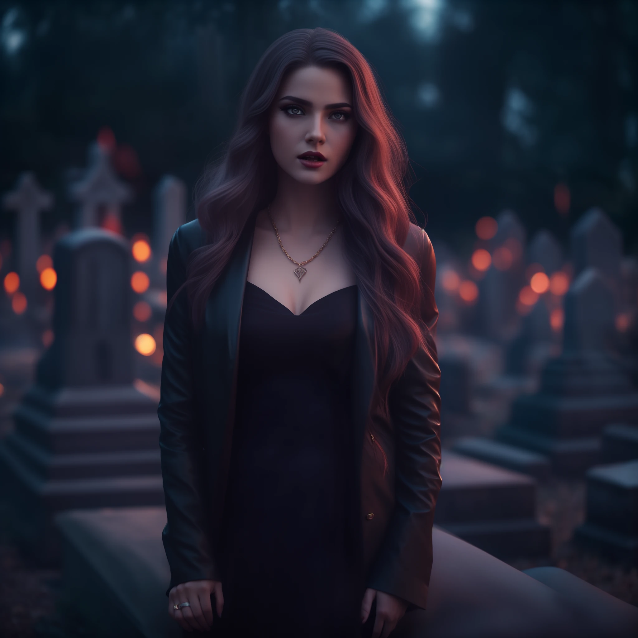 Beautiful sexy woman with vampire vibes on a cemetery background bokeh cinematic dark lighting 16k realistic and lot of detail
