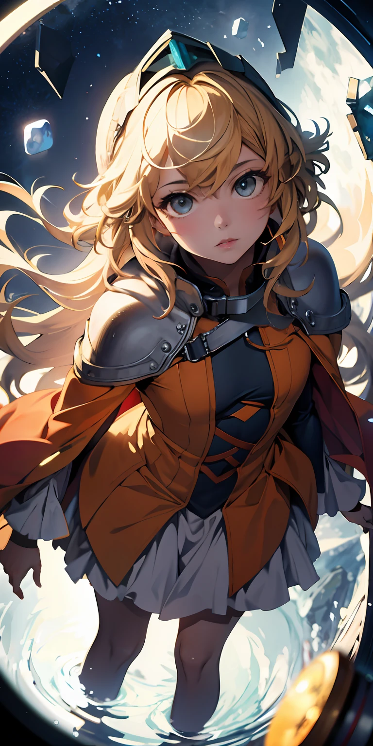 ridiculous resolution, high resolution, (masterpiece:1.4), super detailed, 1girl, seen from above, space, floating, , blonde, crown, full body, --v 6