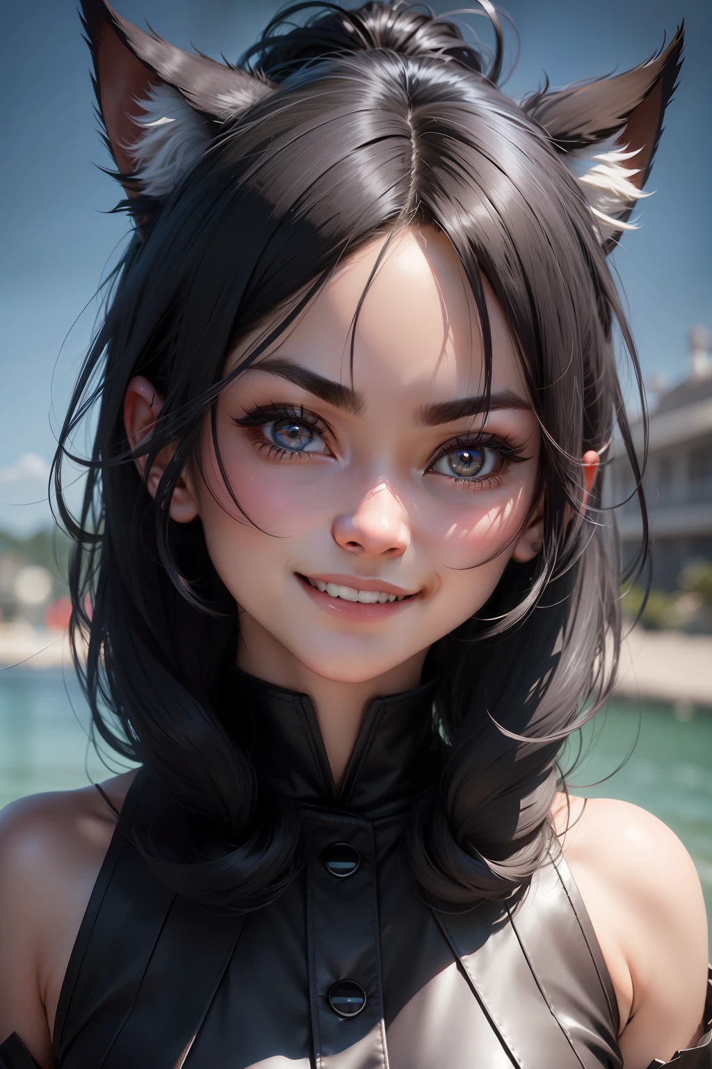 black hair, hair bobbles, wince, longeyelashes, solid circle eyes, fake animal ears, light smile, fang, hair between eyes, Surrealism, drop shadow, anaglyph, stereogram, tachi-e, atmospheric perspective, 8k, super detail, ccurate, best quality, textured skin, 4K
