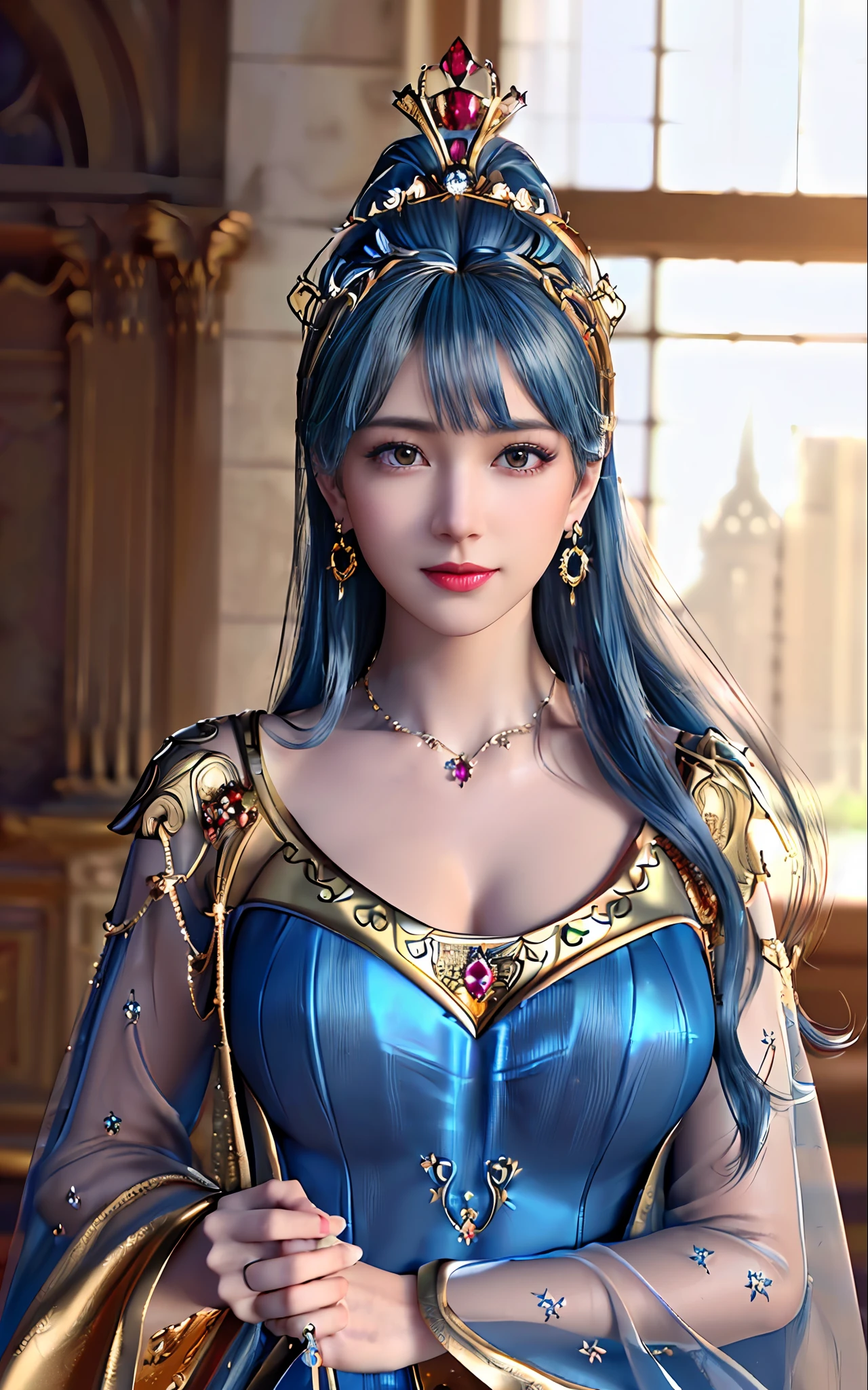 ((realisticity: 1.2)), ((best resolution: 8K UHD)), best quality,masterpiece,highres,cg,
((1 super detailed and super realistic girl)), ((very beautiful queen dazzling, super realistic, and super detailed)),((white skin, beautiful, smooth, youthful, super realistic and super detailed
)), long hair, ((super realistic and super detailed dress)), solo, ((super realistic, super beautiful, gorgeous and super detailed jewelry)), ((super beautiful, super realistic and super detailed dark red and golden yellow dress)),
((super beautiful, super realistic, super detailed diamond filled earrings)),
  ((super beautiful, super realistic and super detailed diamond filled hair ornament)), ((super beautiful upper body, super beautiful, super realistic and super detailed)), ((big breasts: 2.5)), 
((super grand, super realistic and super detailed royal palace backgroun))
((super beautiful, super beautiful, super realistic and super detailed hair bun)), ((super beautiful, super realistic and super detailed blue hair)),
candid, Photograph, high resolution, 8k,Bokeh,