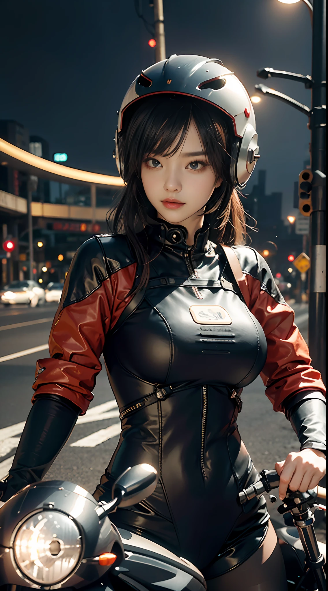 The highest image quality,Excellent detail,超高分辨率,(真实感:1.4),The best illustrations,Favor detail,Highly concentrated 1girl,exquisite and beautiful face,huge boob,The upper body is dressed in black and red tights,There is no opening in the chest,wearing a mech helmet,Hold the direction controller,riding a motorcycle,the background is a high-tech lighting scene of the city of the future。