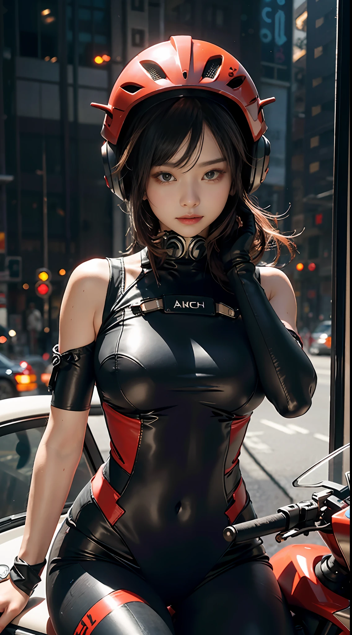 The highest image quality,Excellent detail,超高分辨率,(真实感:1.4),The best illustrations,Favor detail,Highly concentrated 1girl,exquisite and beautiful face,huge boob,The upper body is dressed in black and red tights,There is no opening in the chest,wearing a mech helmet,Hold the direction controller,riding a motorcycle,the background is a high-tech lighting scene of the city of the future。