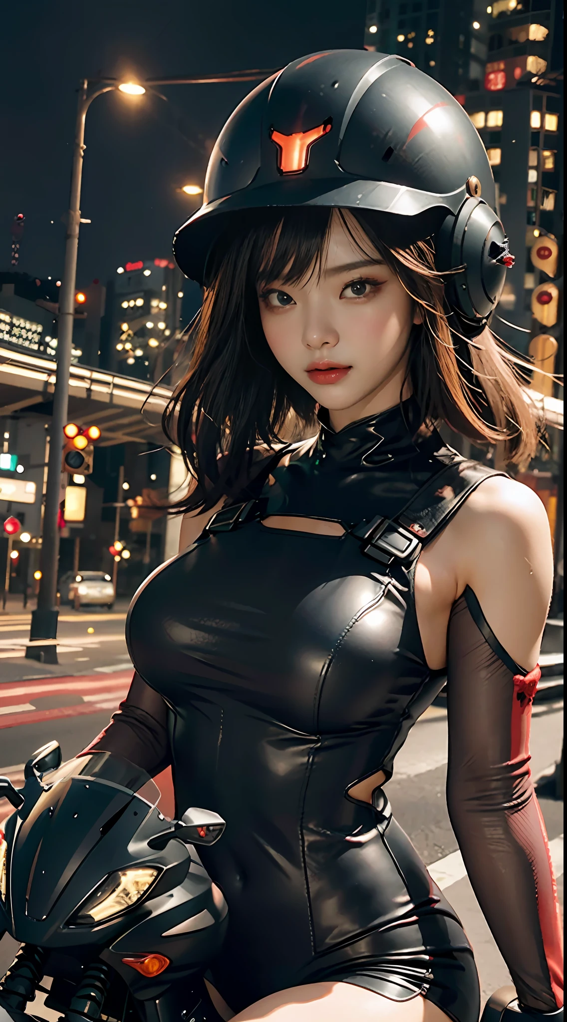 The highest image quality，Excellent detail，超高分辨率，（真实感：1.4），The best illustrations，Favor detail，Highly concentrated 1girl，exquisite and beautiful face，huge boob，The upper body is dressed in black and red tights，There is no opening in the chest，wearing a mech helmet，Hold the direction controller，riding a motorcycle，the background is a high-tech lighting scene of the city of the future。