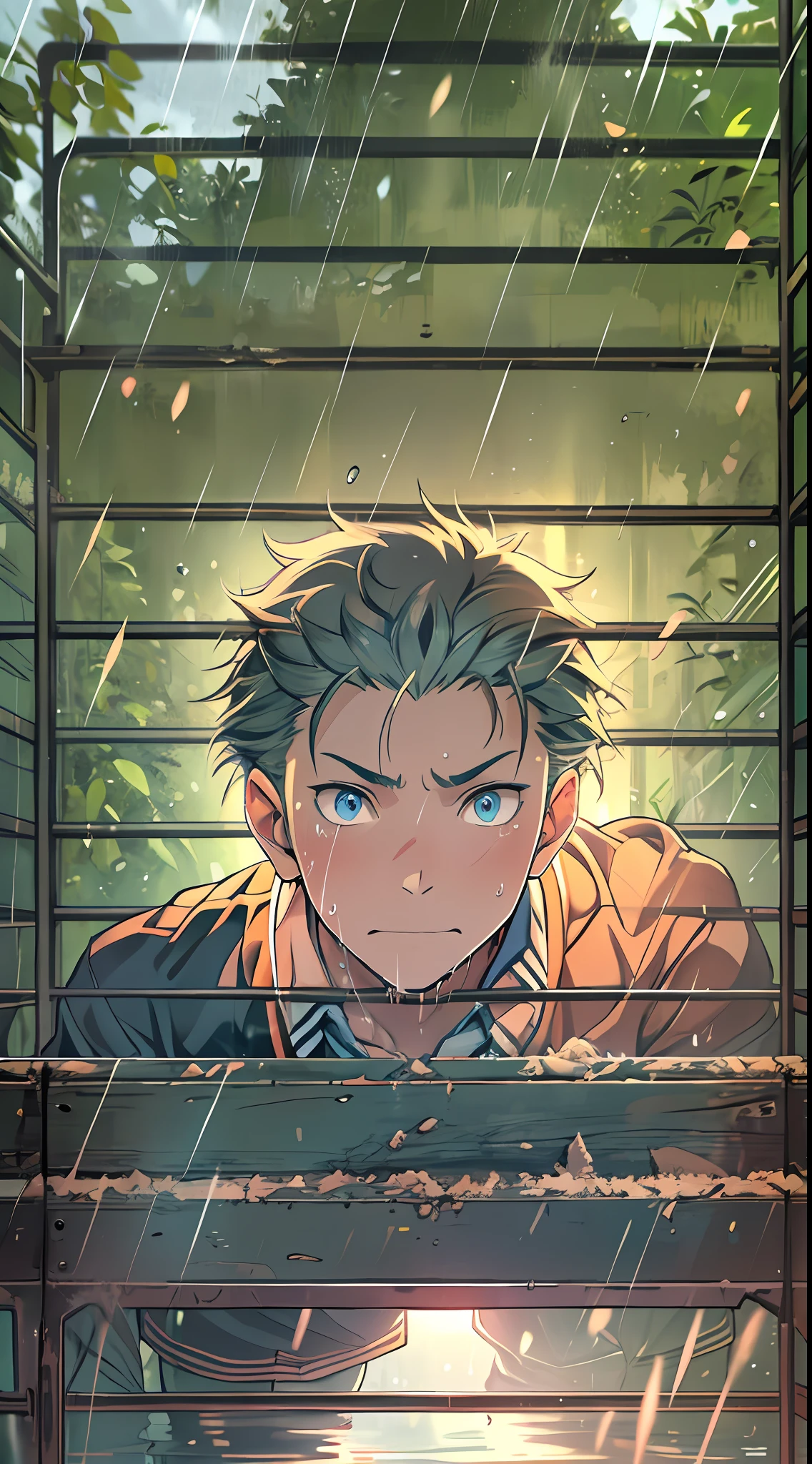 (1 Adult male),A high resolution, Sharp focus, Pixiv masterpiece, ((Complicated details)), highly detailed, natsuki_subaru, 1 man,Lying in the mud,Close-up of crotch,Crotch view, Lazy,full bodyesbian, blue color eyes(eyes glowing), Short yellow hair,white shirt,Wear a tie,Wear a belt,perspire,rain,Drenched,Sweaty crotch,look from down