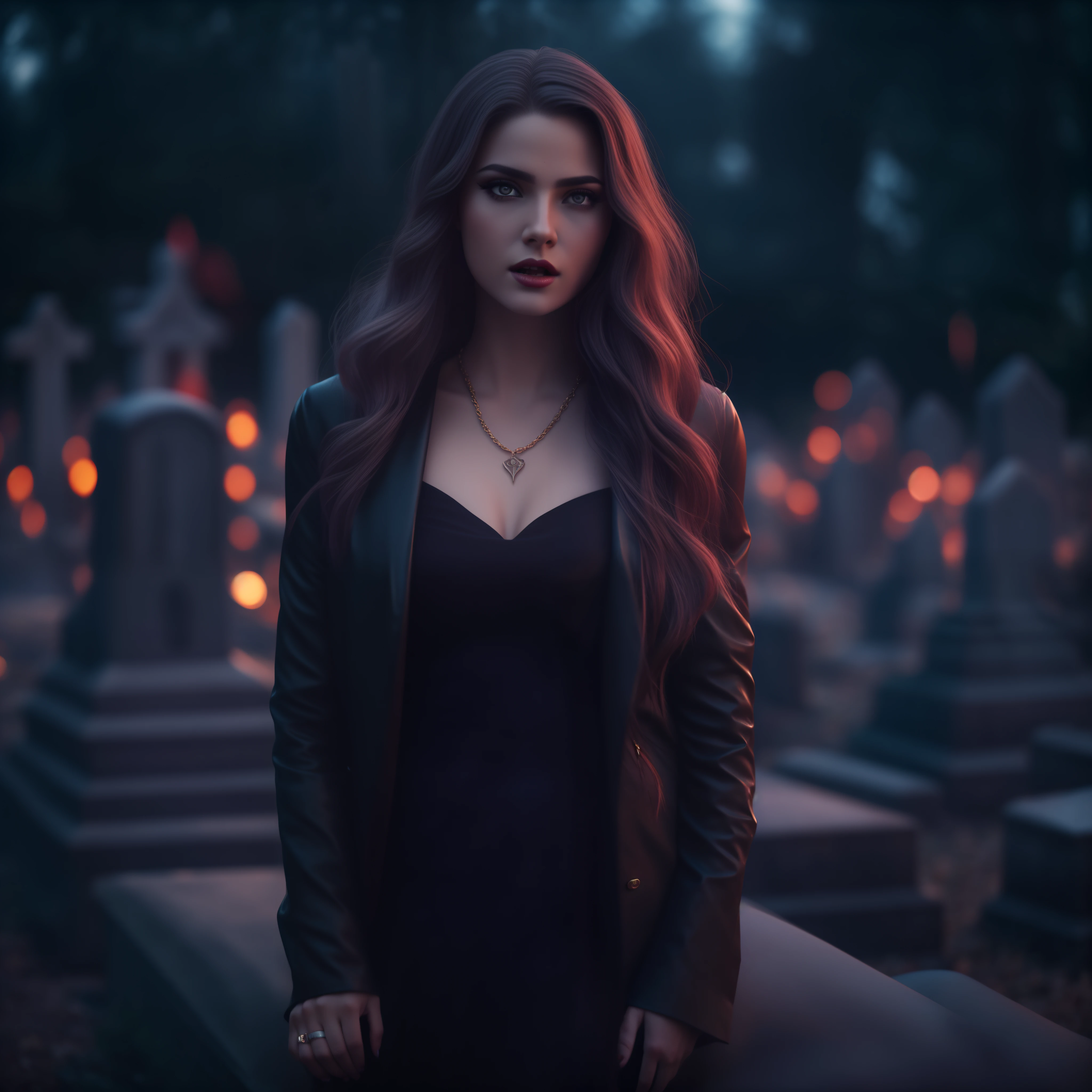 Beautiful sexy woman with vampire vibes on a cemetery background bokeh cinematic dark lighting 16k realistic and lot of detail