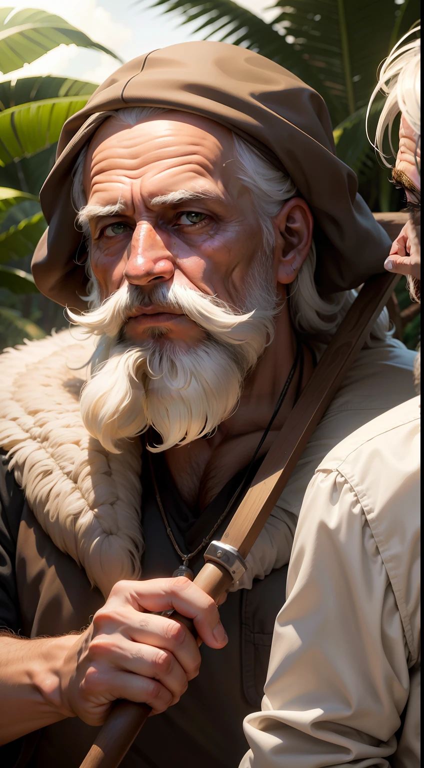 Uma imagem de um homem velho caipira, cabelos e barbas brancas com um rosto marcado pelo tempo e roupas simples, Working with hoe in the middle of a lush plantation.