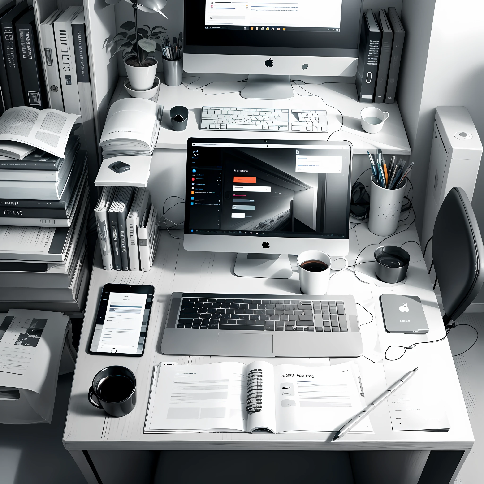 Desk setup minimalist modern monochrome