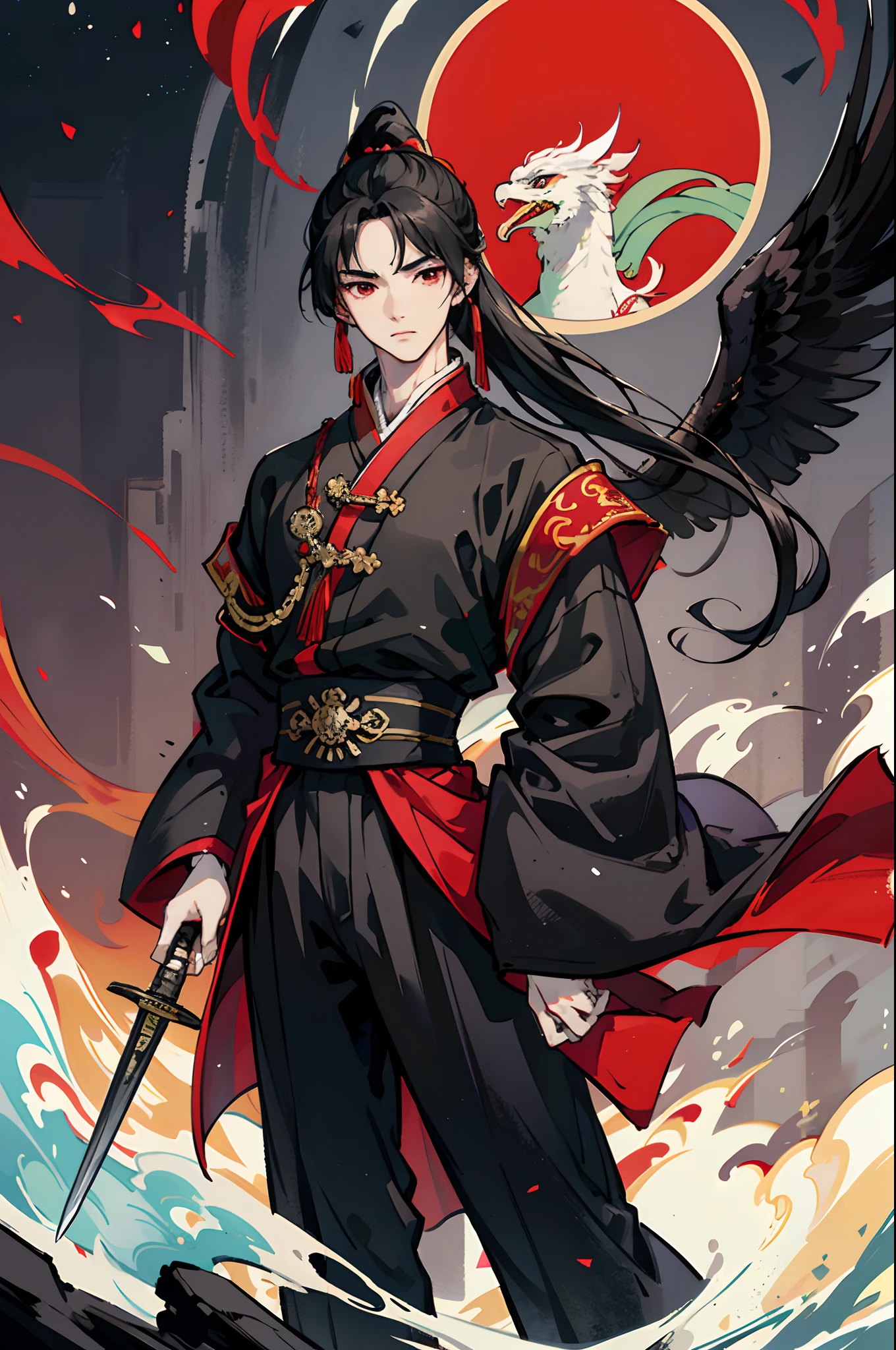 HDR, High Quality, Masterpiece, Excellent, Daytime, 1 Man, Chinese Style, Ancient China, Chinese Court, Eagle, Black Hair, red Eyes, Split Hair, Long Hair, Long Bangs, High Ponytail, Handsome, Handsome, Serious, Gentle, Tall, Quiet, Dark Clothes, dark grey Clothes, Prince, Sword, Looking Down, behind him is a white Chinese dragon