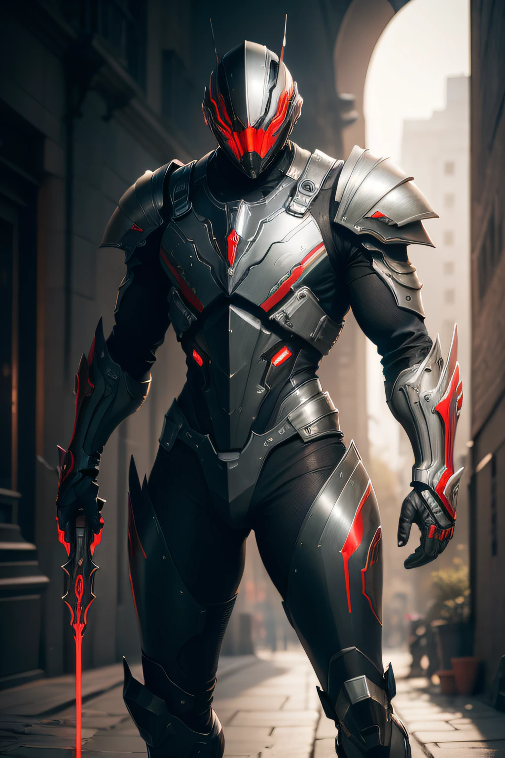 guerreiro futurista, Armadura Warframe, metal pesado, Armor with red strokes, Intimidador,