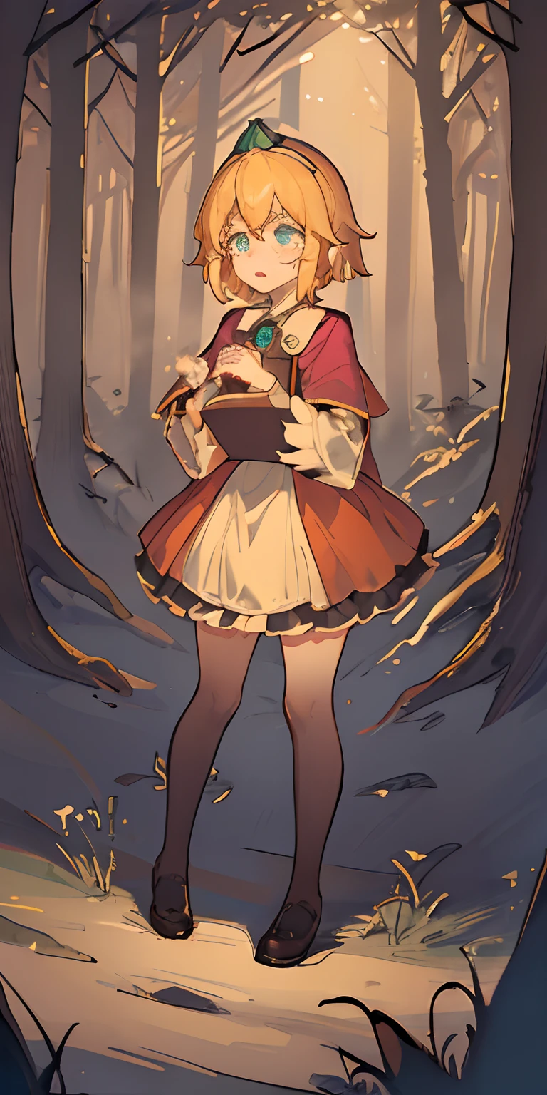 Very high quality, detailed, dark, forest, night dark, glow, 1girl, glowing,blonde, crown, loli, short hair, full body, middle of forest, Mimic surprised, tear, Shed a tear