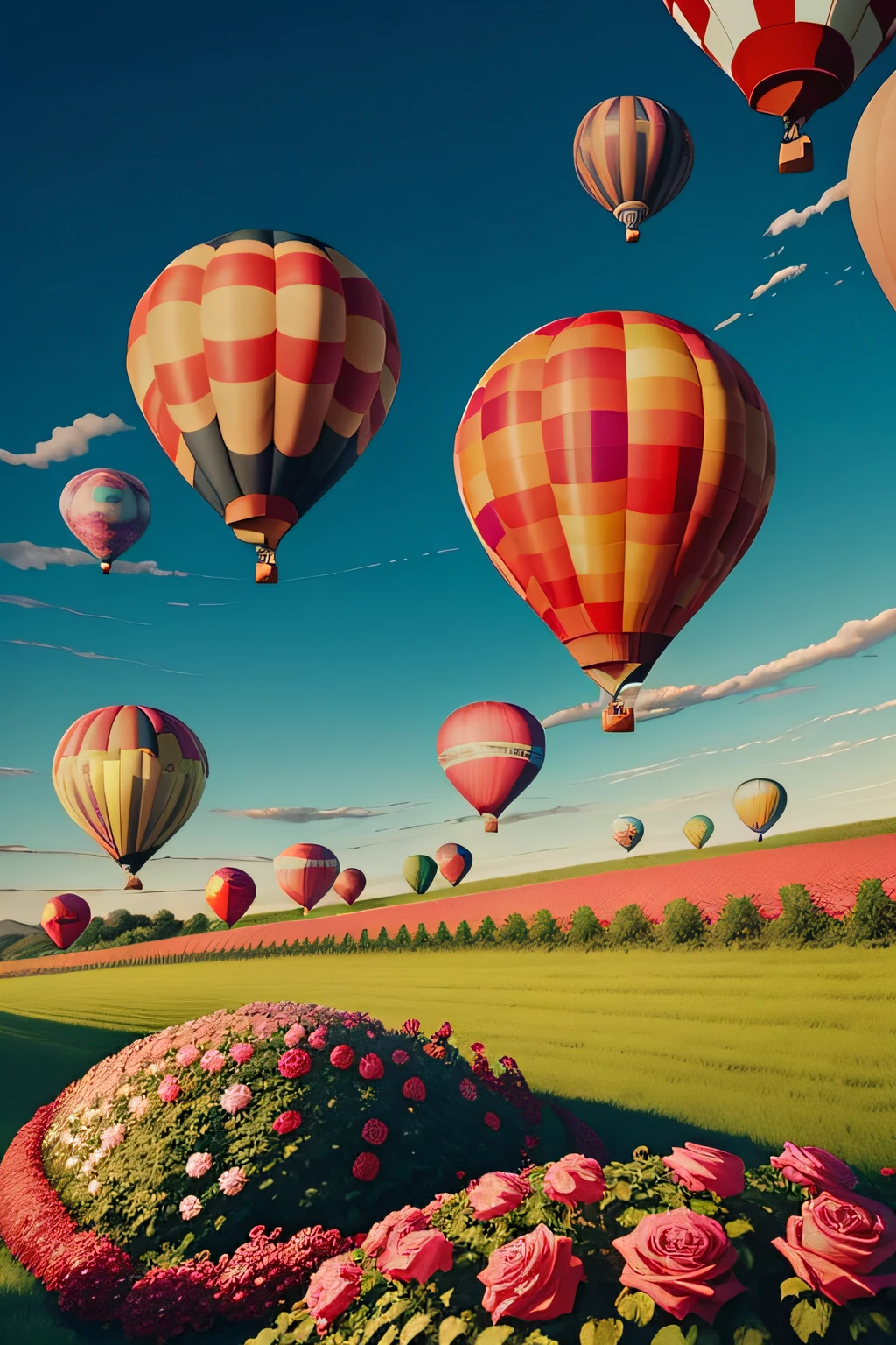 Very beautiful hot air balloons flying over a plantation of colorful rose bushes, on a morning of strong blue skies