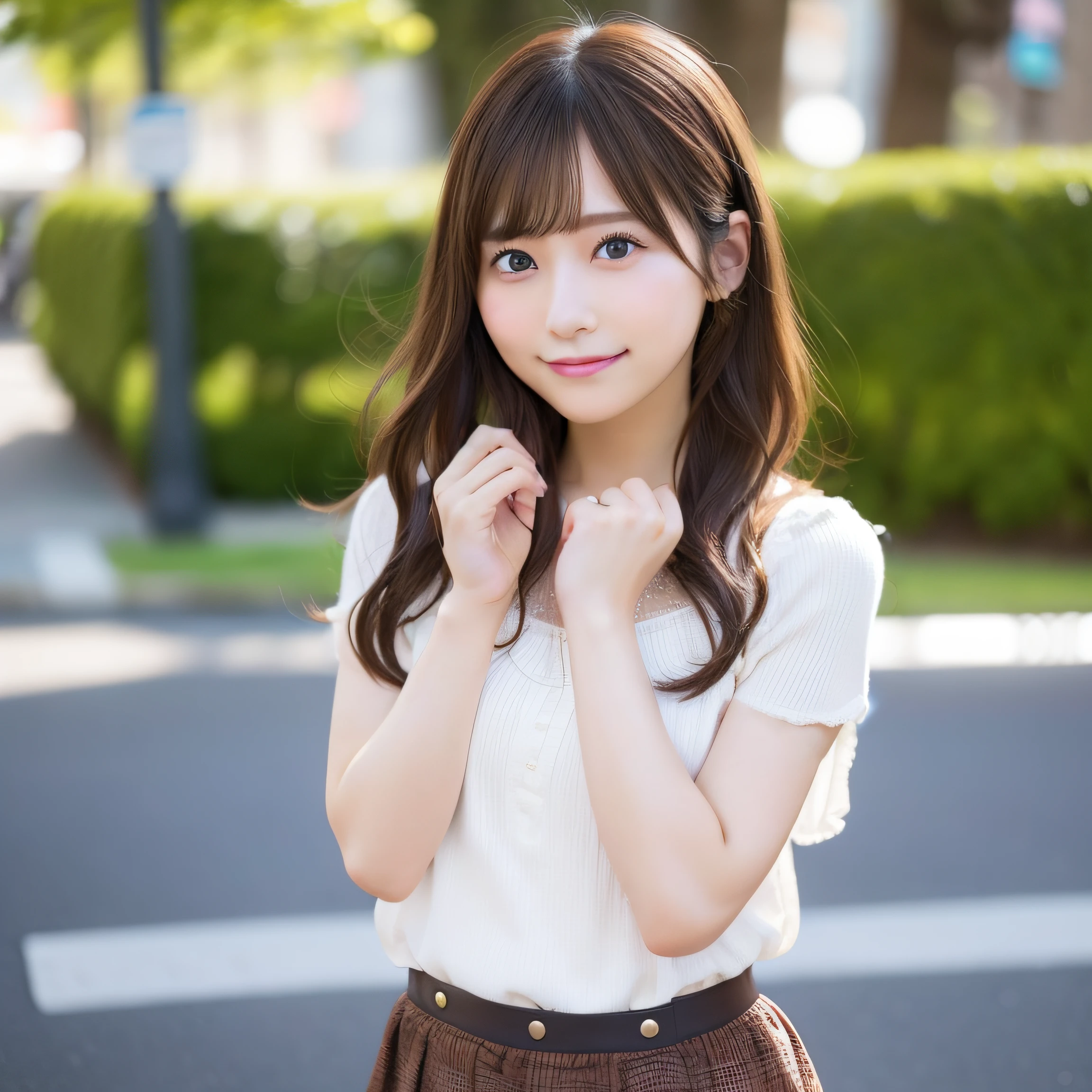 8K、Best Quality, 超A high resolution:1.2, (Photorealistic:1.4)、​masterpiece:1.3、Raw photo、 (FULL BODYSHOT:1.6、side from:0.7)、middlebreast、realistic eyes and face details:1.3、dual、(the perfect body : 1.1)、(short wavy hair : 1.2)、crowdedstreets、Fashionable clothes、Cute clothes、Check skirt、thighs thighs thighs thighs、1日本人の女の子、 Cute、natural skin textures:1.2、 (Shy smile)、 Smooth skin:1.2, (Brown medium hair,Bangs)、nogizaka、Beautiful black eyes:1.３、Hands behind your hips、The camera is from a little lower、 (Background is blurry:1.4)、Gravure Pose,I don't show my fingers