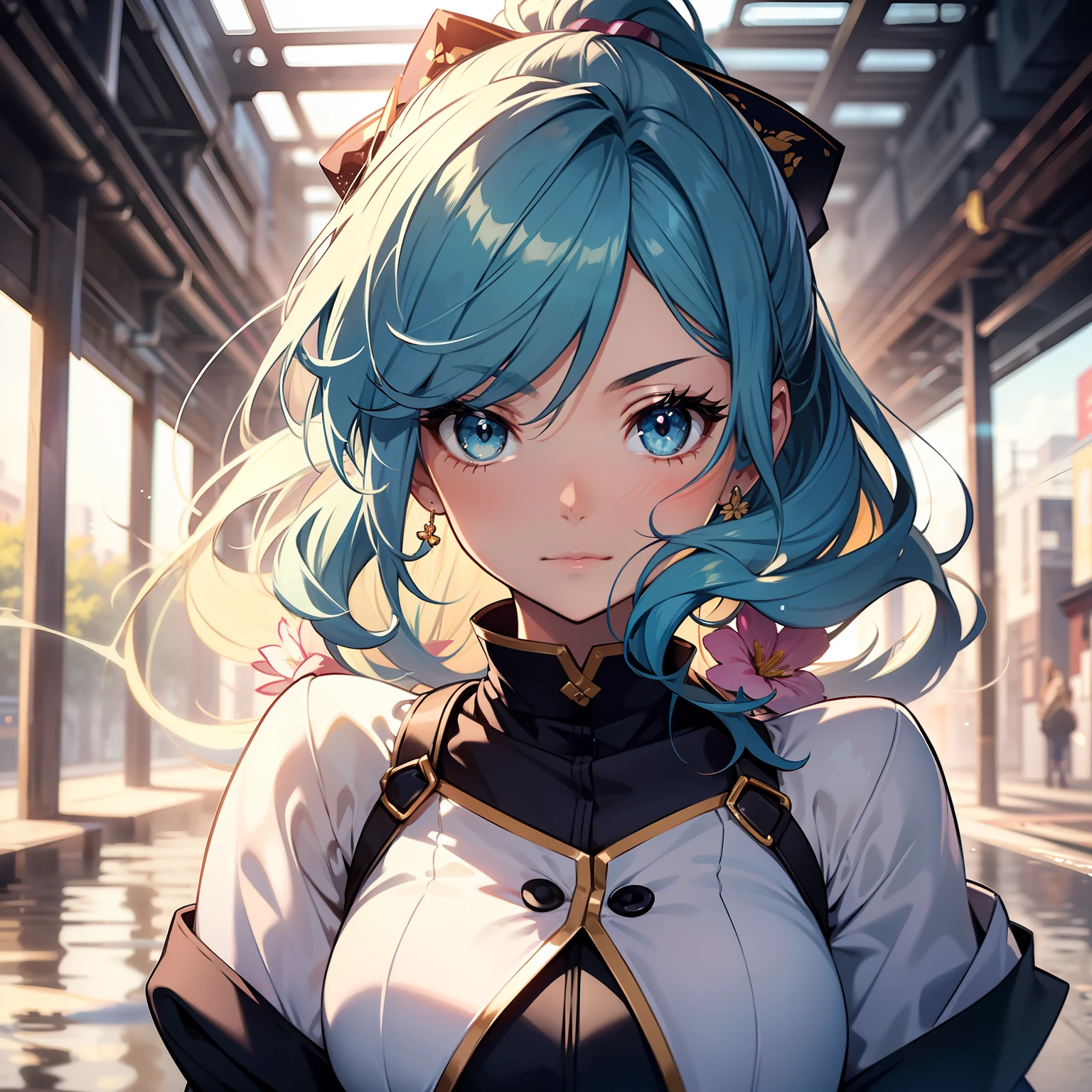 (masterpiece), (best quality), (ultra detailed),(disheveled hair),(illustration), (1girl), (Fashionable clothing), standing, Fashion model, looking at viewer, (interview), (simple background),beautiful detailed eyes, delicate beautiful face, Floating,(high saturation),(colorful splashes),colorful bubble,(shining), focus on face, ponytail, kamisato ayaka, light blue hair, bangs, hair ring, floating flowers, floating hairs, (shining), best lighting, best shadow,