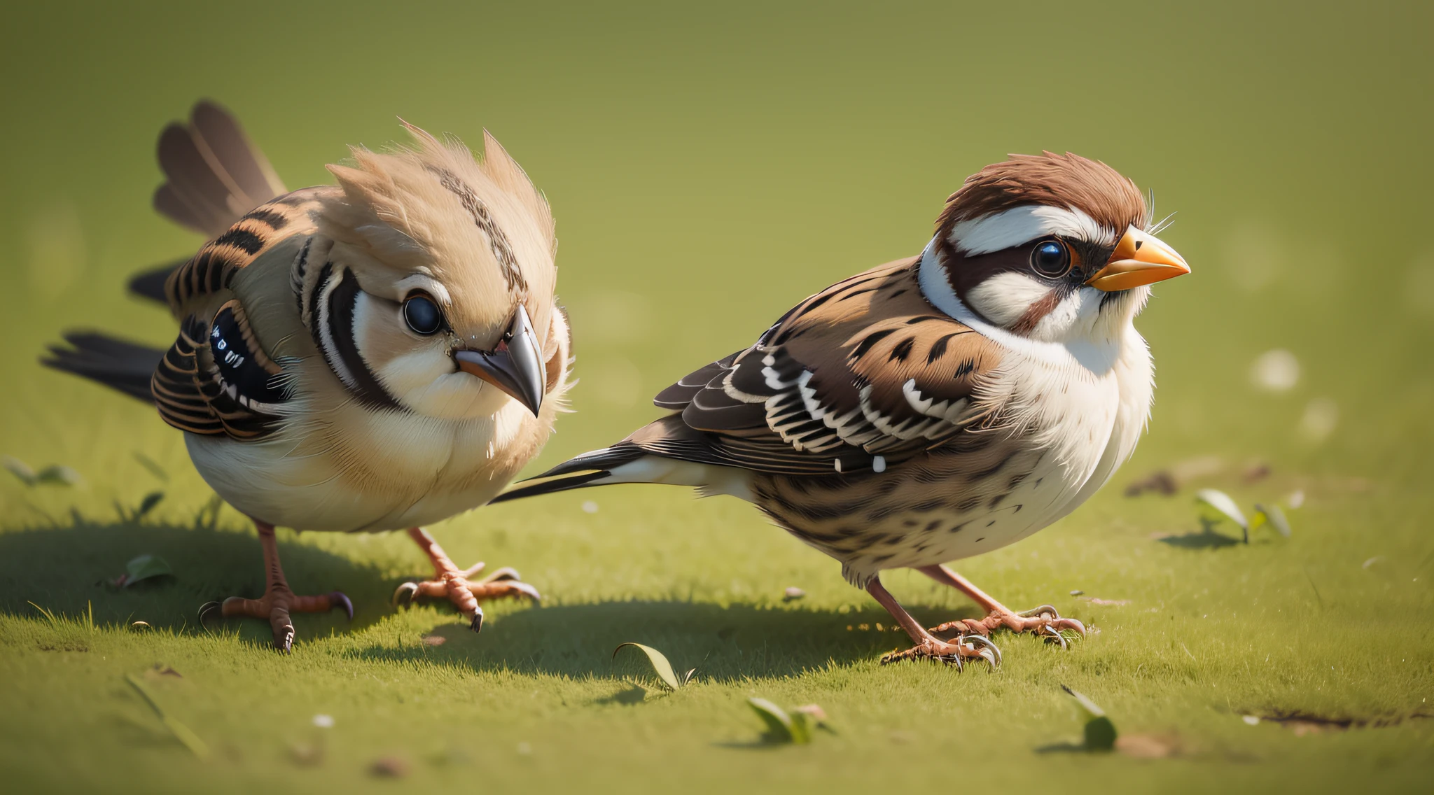 A sparrow stands on the grass