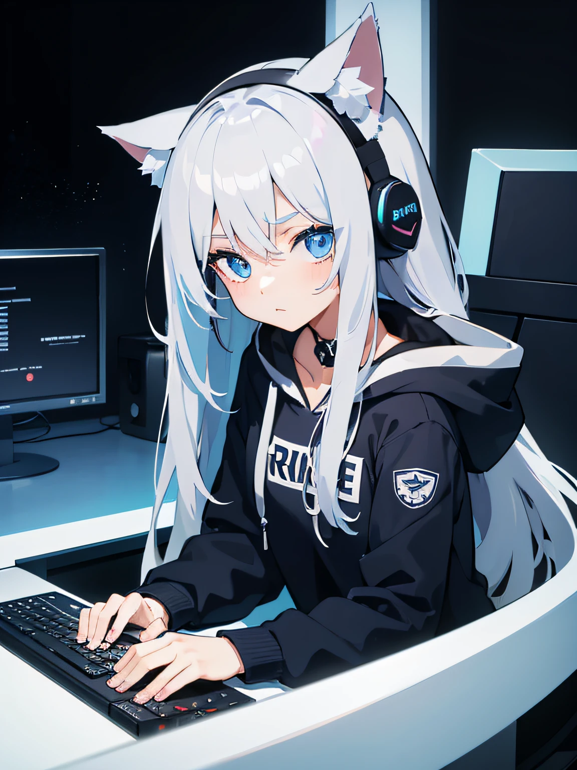 1girl, young, cute, long silver hair, blue eyes, wearing plain blue hoodie, dark room, hacker, computer, headset with cat ears, absurdres, high res, ultrasharp, 8K, masterpiece, looking at viewer
