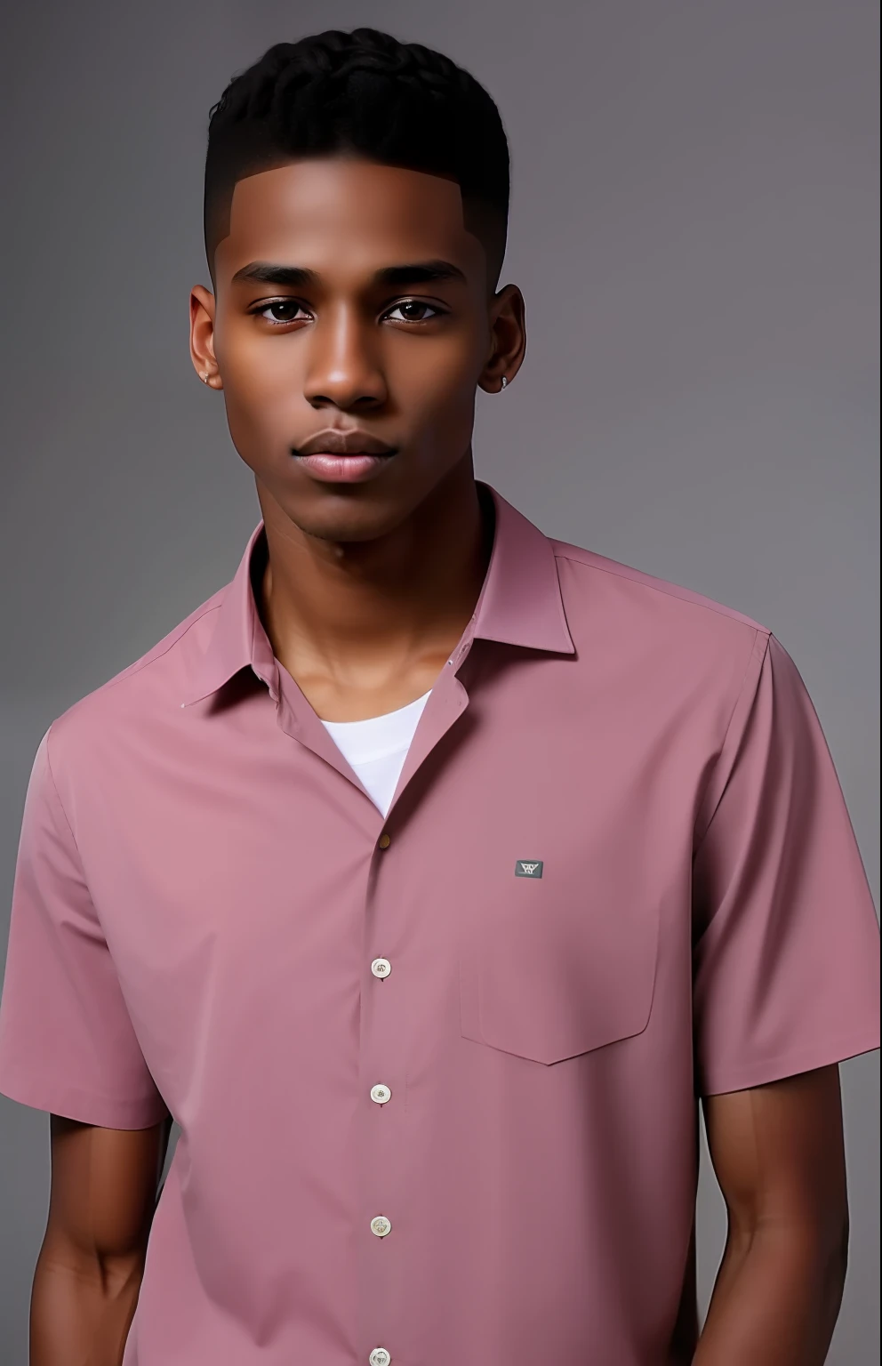 Black guy, thin face, has slightly pink lips, dark brown eyes and slightly clenched, so small and nose, coiled hair coiled hair skin fade.  1.68m tall, thin, 18 years old.