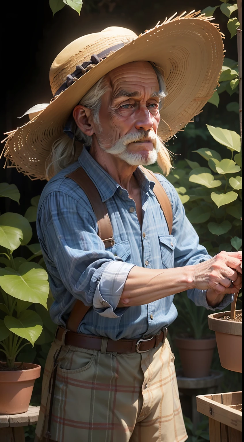 An old hillbilly with a straw hat and plaid shirt, lovingly caring for the plants in your small plantation