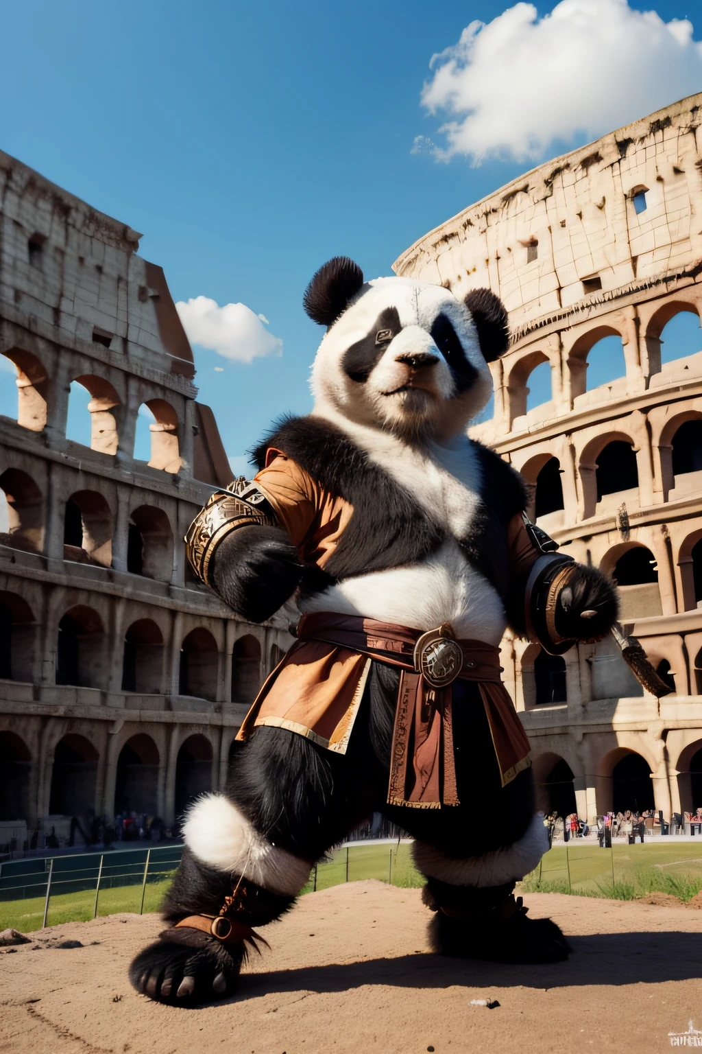 photore,delicated,primitive,Panda dressed as a barbarian,Colosseum,Fantasy style