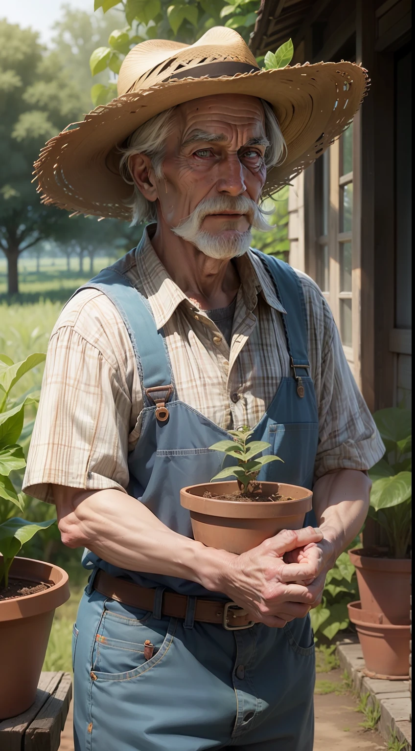 An old hillbilly with a straw hat and plaid shirt, lovingly caring for the plants in your small plantation