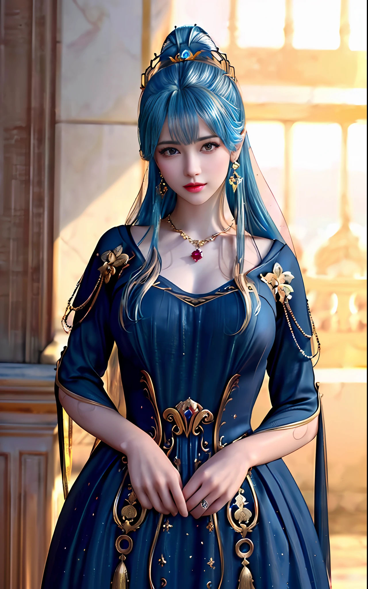((realisticity: 1.2)), ((best resolution: 8K UHD)), best quality,masterpiece,highres,cg,
((1 super detailed and super realistic girl)), ((very beautiful queen dazzling, super realistic, and super detailed)),((white skin, beautiful, smooth, youthful, super realistic and super detailed
)), long hair, ((super realistic and super detailed dress)), solo, ((super realistic, super beautiful, gorgeous and super detailed jewelry)), ((super beautiful, super realistic and super detailed dark red and golden yellow dress)),
((super beautiful, super realistic, super detailed diamond filled earrings)),
  ((super beautiful, super realistic and super detailed diamond filled hair ornament)), ((super beautiful upper body, super beautiful, super realistic and super detailed)), ((big breasts: 2.5)), 
((super grand, super realistic and super detailed royal palace backgroun))
((super beautiful, super beautiful, super realistic and super detailed hair bun)), ((super beautiful, super realistic and super detailed blue hair)),
candid, Photograph, high resolution, 8k,Bokeh,