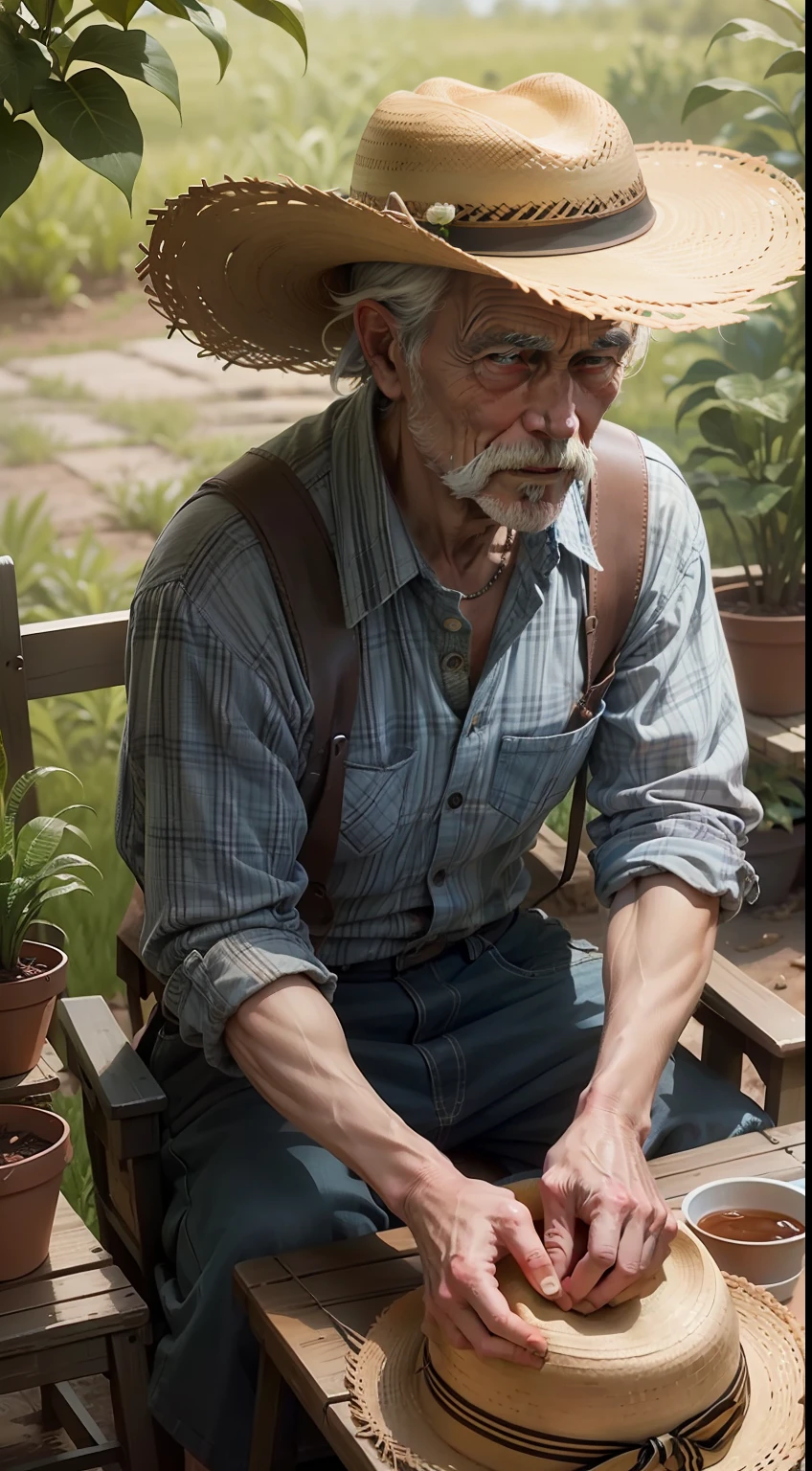 An old hillbilly with a straw hat and plaid shirt, lovingly caring for the plants in your small plantation