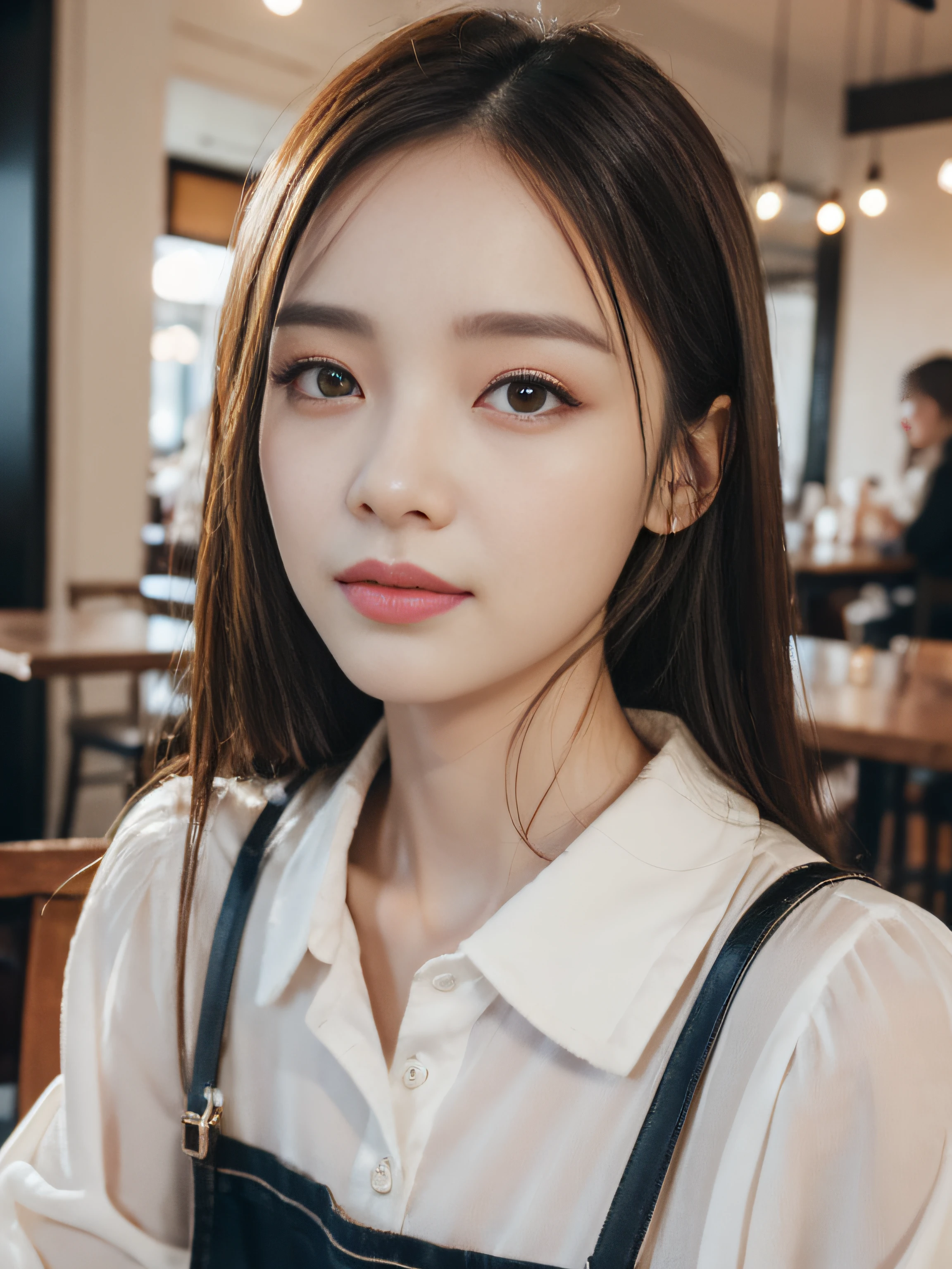 A 20-year-old stylish white-collar woman was sitting in a café , delicate makeup , beautiful detailed girl, very detailed eyes and face, beautiful detailed eyes, ridiculous, Chinese female , Canon 35mm Shot , Photorealistic , a photo of ,4k