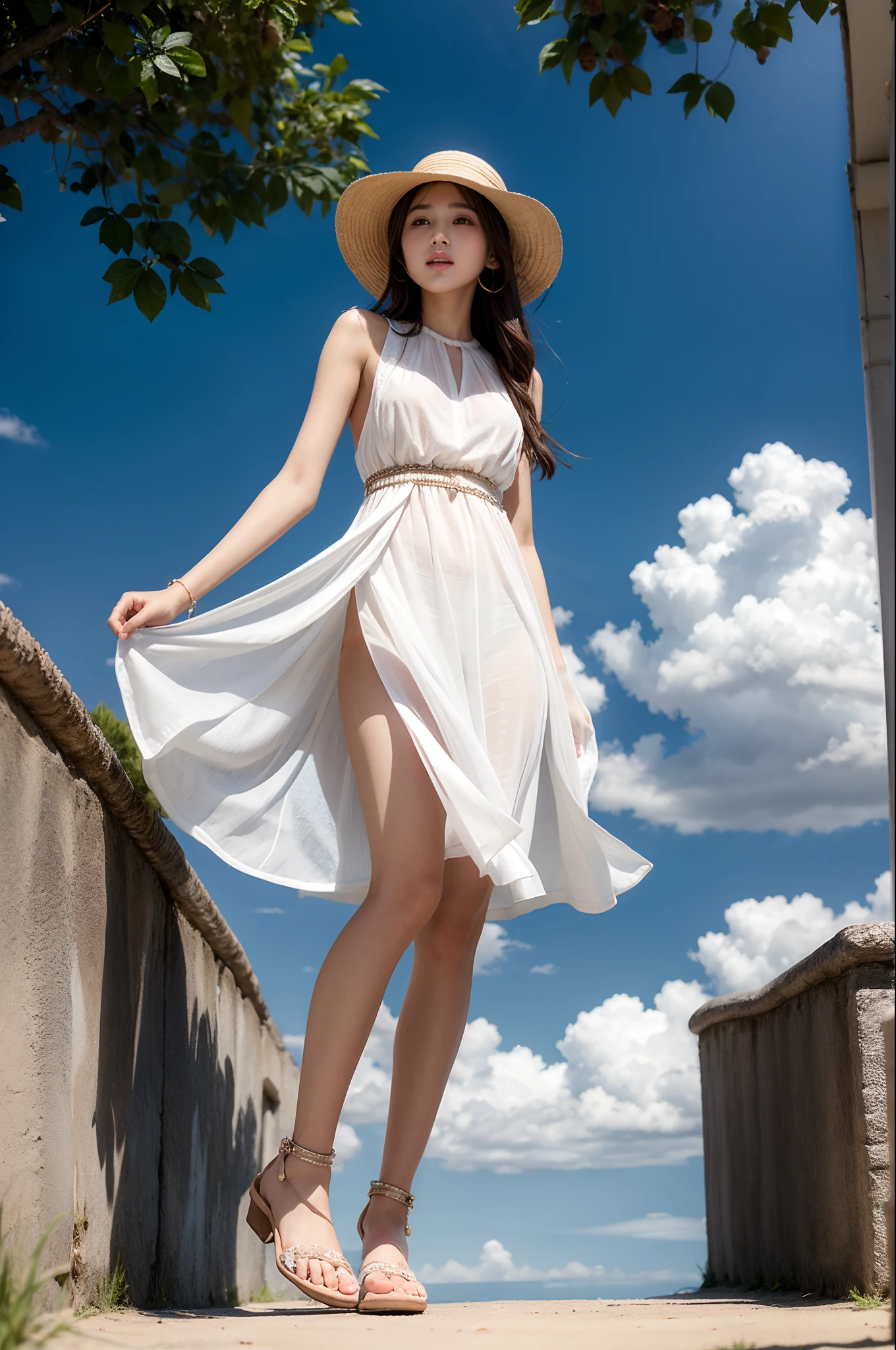 femele２０generation、Slender figure、FULL BODYSHOT、Brown hair、White dress、blue-sky、Cloudless、Shot from below、a straw fedora hat、Facing upwards、sandal、