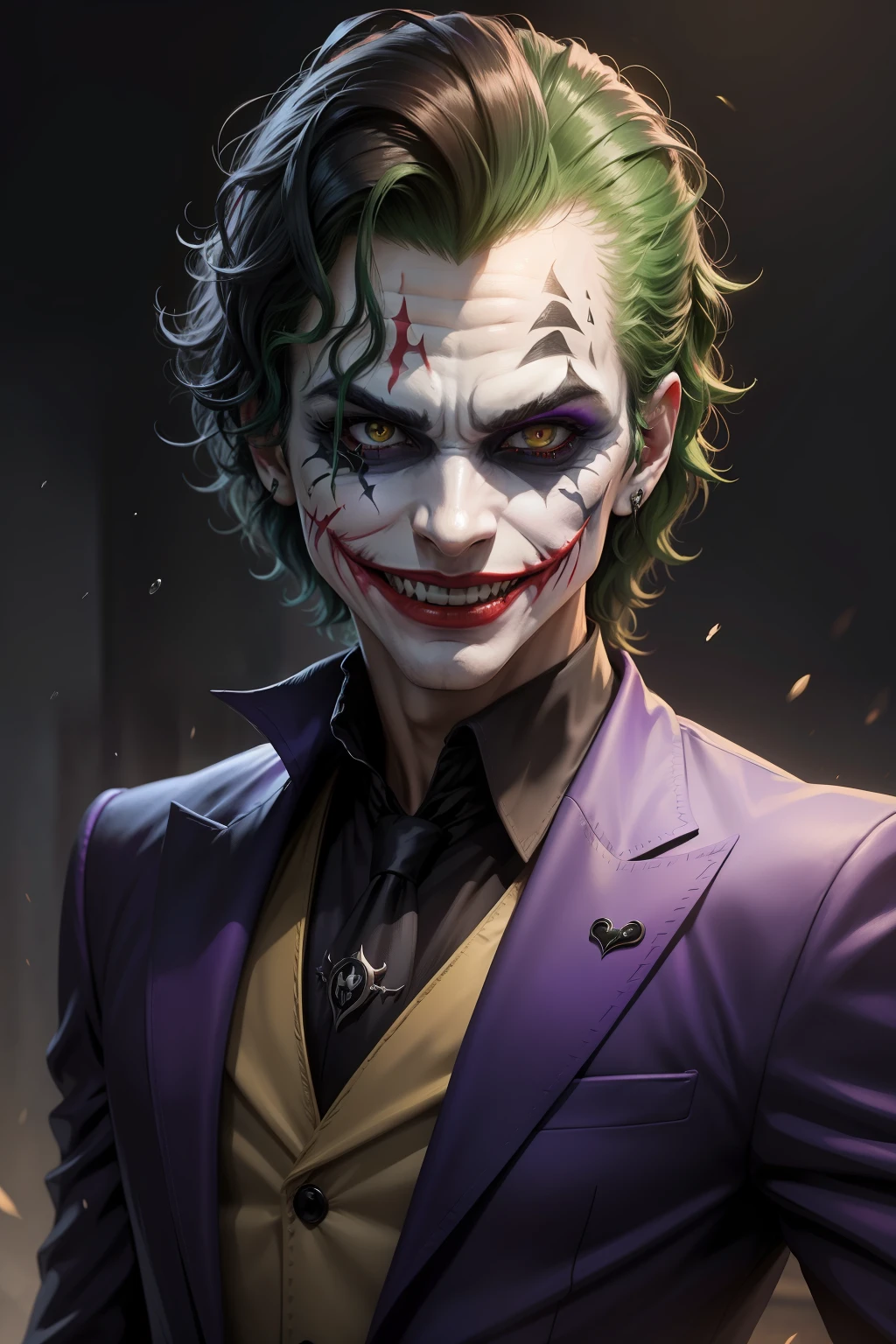 realista, coringa, joker, coringa sorrindo, 4k, luz roxa, hair messy, drop shadow, 8k, super detail, accurate, best quality, cinematographic