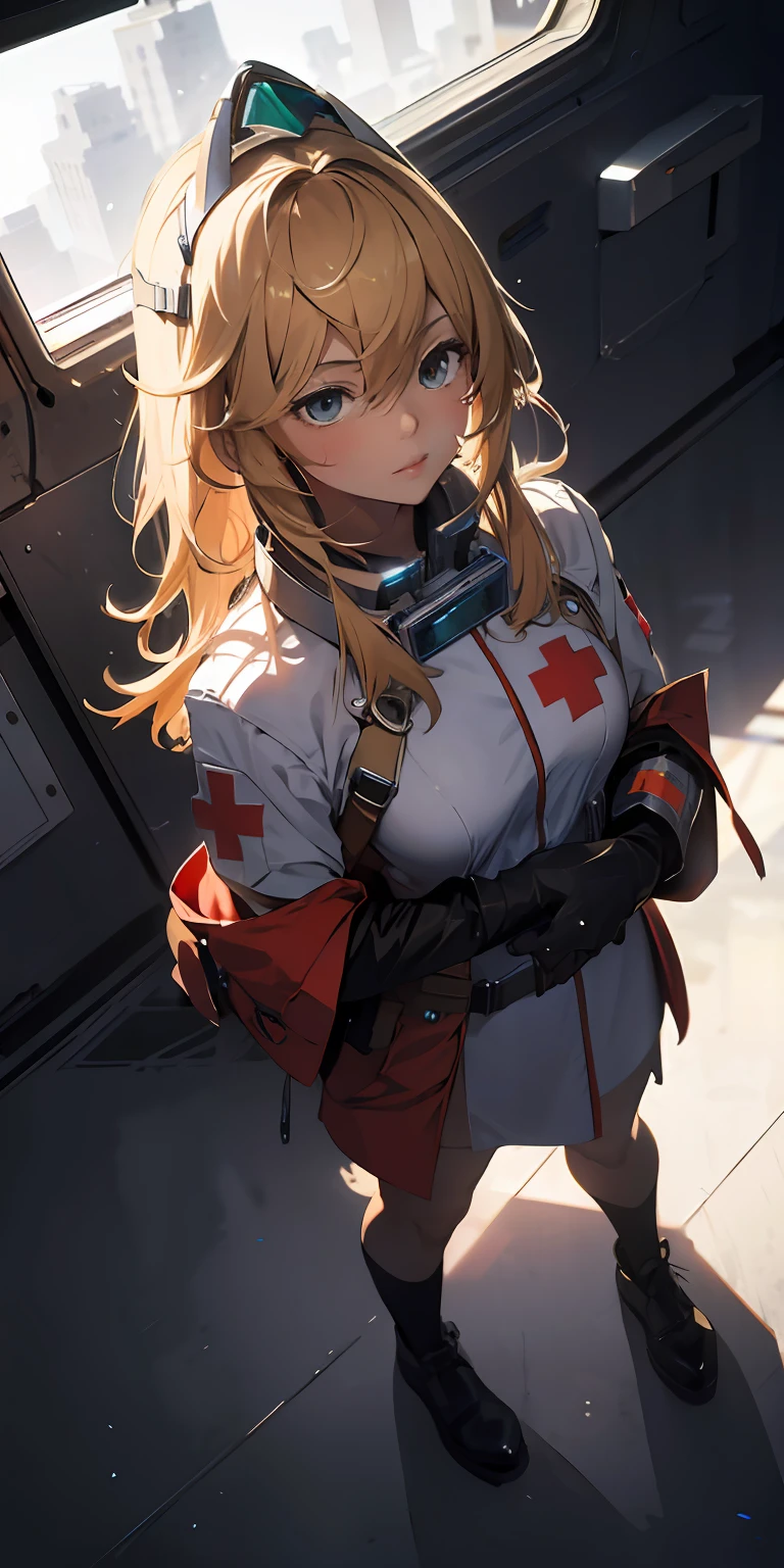 ridiculous resolution, high resolution, (masterpiece:1.4), super detailed, 1girl, seen from above, space, floating, , blonde, crown, full body, , uniform, white unifor, red cross Armband, armband, red cross --v 6