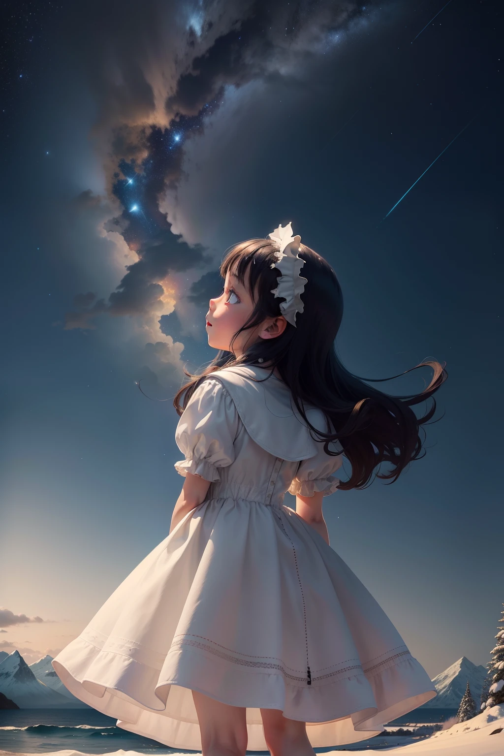 A  in a snow-white dress looks up at the sky with her back to the sea，The background is night，Be there stars and shooting stars，On the opposite side of the sea there are many looming mountains