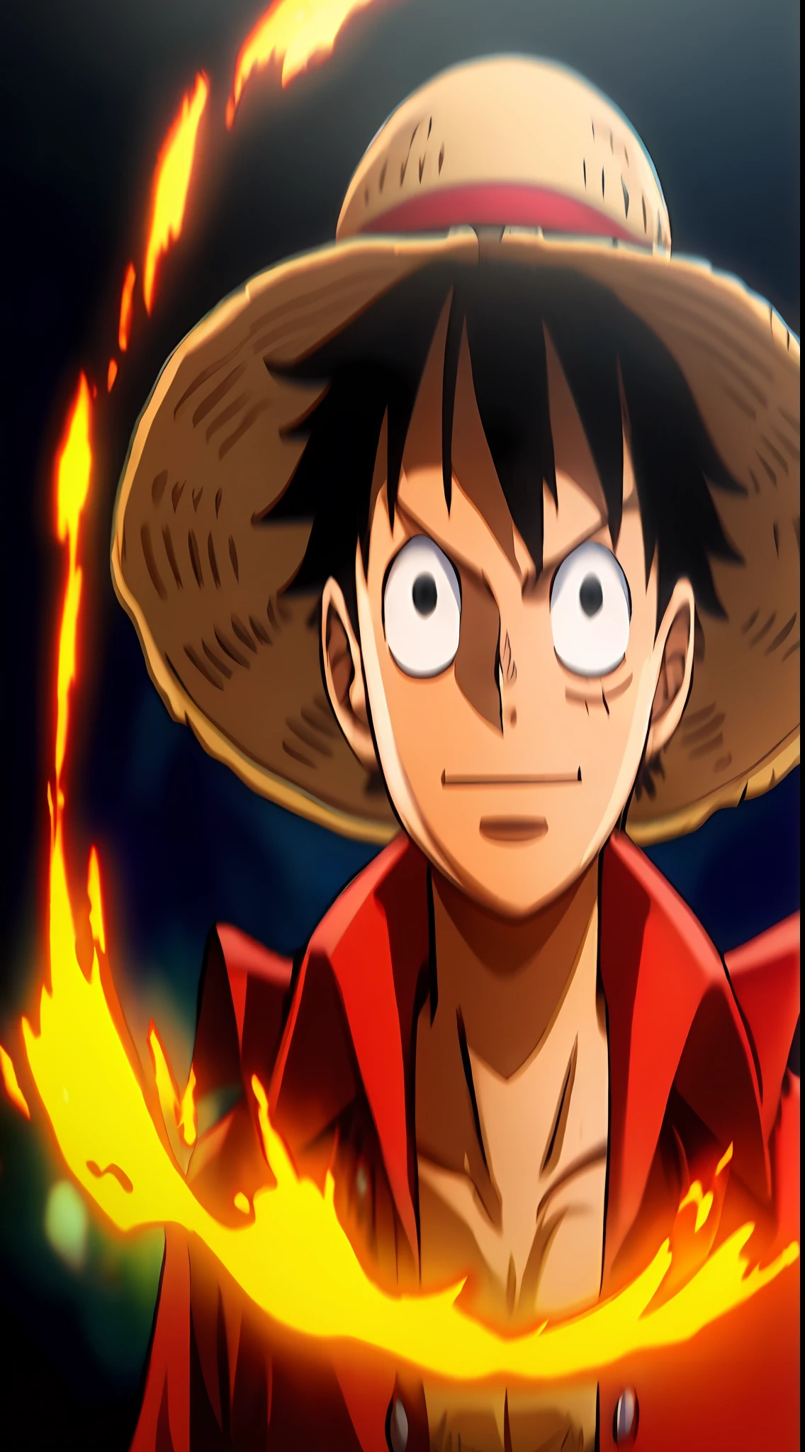 1boy, wanostyle, monkey d luffy, smiling, straw hat, looking straight, solo, upper body, ((masterpiece)), (best quality), (extremely detailed), depth of field, sketch, dark intense shadows, sharp focus, soft lighting, hdr, colorful, good composition, fire all around, spectacular, closed shirt, anime screencap, scar under eye, ready to fight, black eyes
