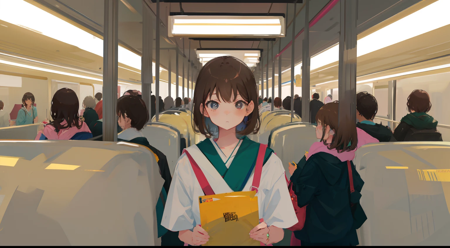 jpn、In a crowded train、College girl with brown hair watching YouTube on smartphone、526 Designs