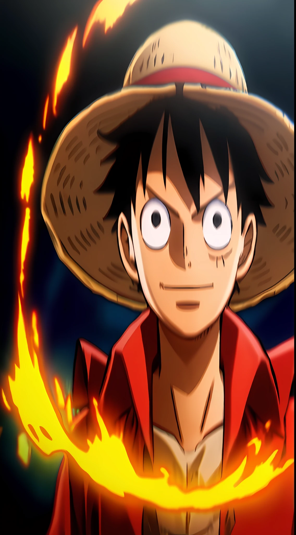 1boy, wanostyle, monkey d luffy, smiling, straw hat, looking straight, solo, upper body, ((masterpiece)), (best quality), (extremely detailed), depth of field, sketch, dark intense shadows, sharp focus, soft lighting, hdr, colorful, good composition, fire all around, spectacular, closed shirt, anime screencap, scar under eye, ready to fight, black eyes