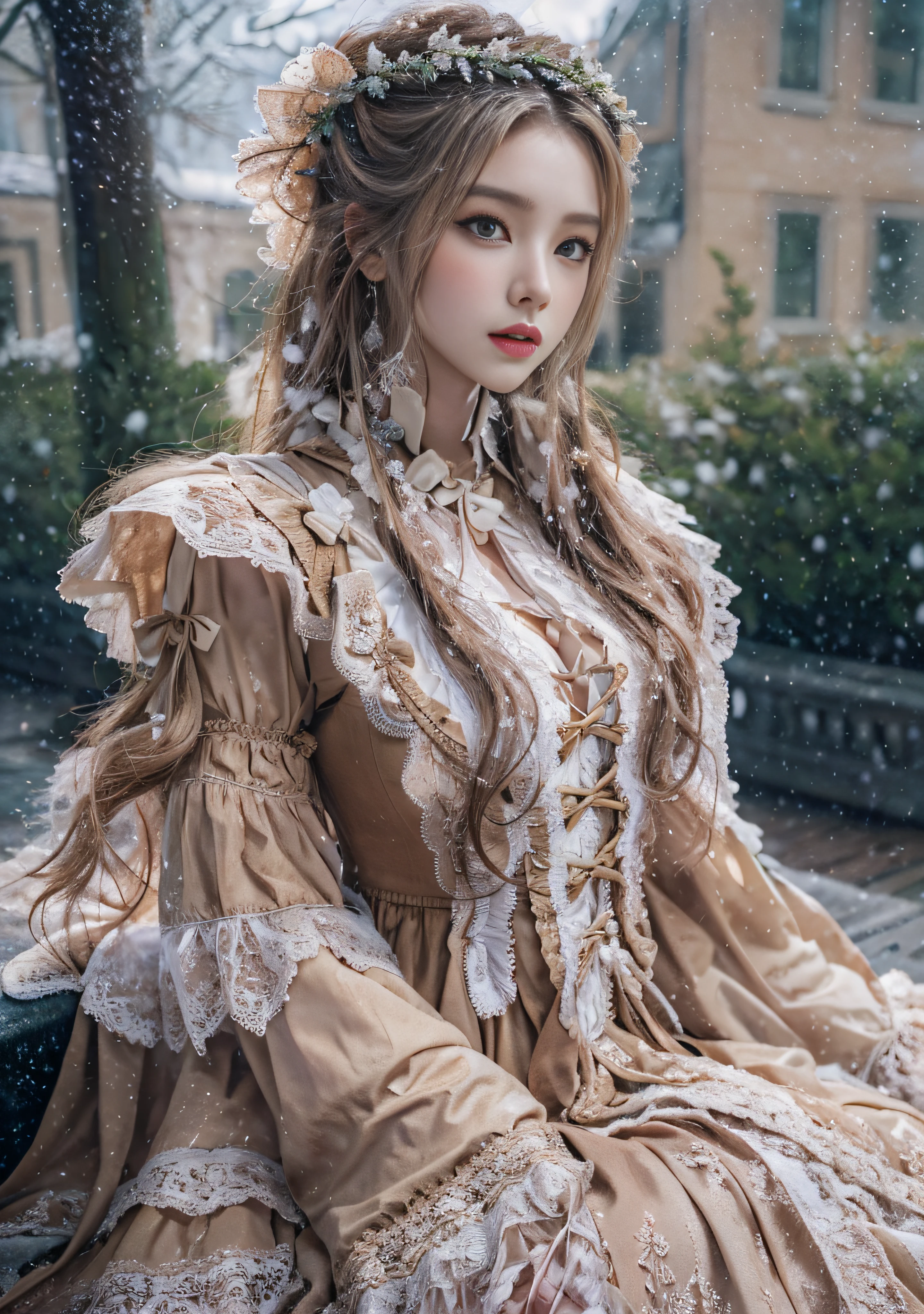 （8K， RAW photos， best qualtiy， tmasterpiece：1.2），（realisticlying， photograph realistic：1.4)
Lolita costume，Lace， Aerith Gainsborough， sat on the ground，(Cloak，do lado de fora，Cover with snow，snowfield) high high quality， highdetailskin， looking at viewert，