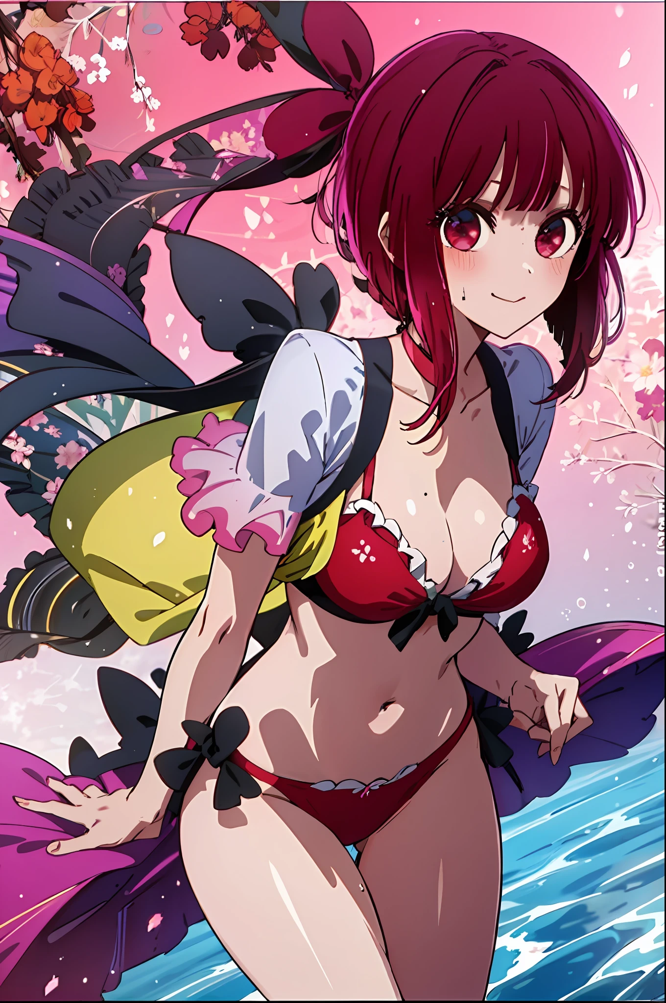 best quality, masterpiece, 2d, masterpiece, best quality, anime, highly detailed, cowboy shot, 1girl, solo, looking at viewer, smile, bangs, medium breast, red hair, red eyes,happy new year card with a girl in a red bikini happy, wet!!!, anime cover, seasons!! : 🌸 ☀ 🍂 ❄, 2 0 2 2 anime style, 2022 anime style, けもの, anime visual of a cute girl, inspired by Eizan Kikukawa, haruno sakura, hanayamata, in style of kyoto animation,close up,((Looking at viewer))