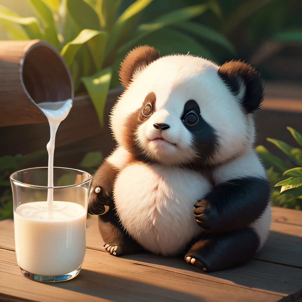 4K HD quality,Exquisite scene details,Cute fat panda,Drink milk