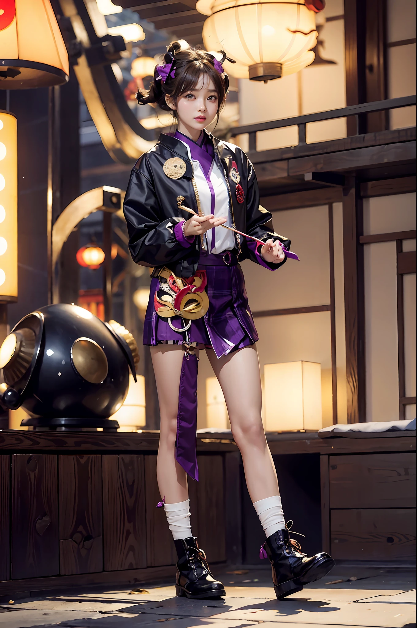 Masterpiece, Best picture quality, A beautyful girl, Detailed eyes, Swollen eyes, Brown hair, Long hair, Fair skin, Cute, Cute legs, Short skirt, Japanese woman, Asian beauty, Moonlight, Strong eyes, Professional lighting, Bright lighting, Double eyelids, Slender, Japanese woman, Asian beauty, heartthrob, Checked jacket, Short skirt, Smile, Sweat, fresh, live stage, hair adornments, JAPANESE IDOL OUTFIT, Purple and black demon costume, Red horn,