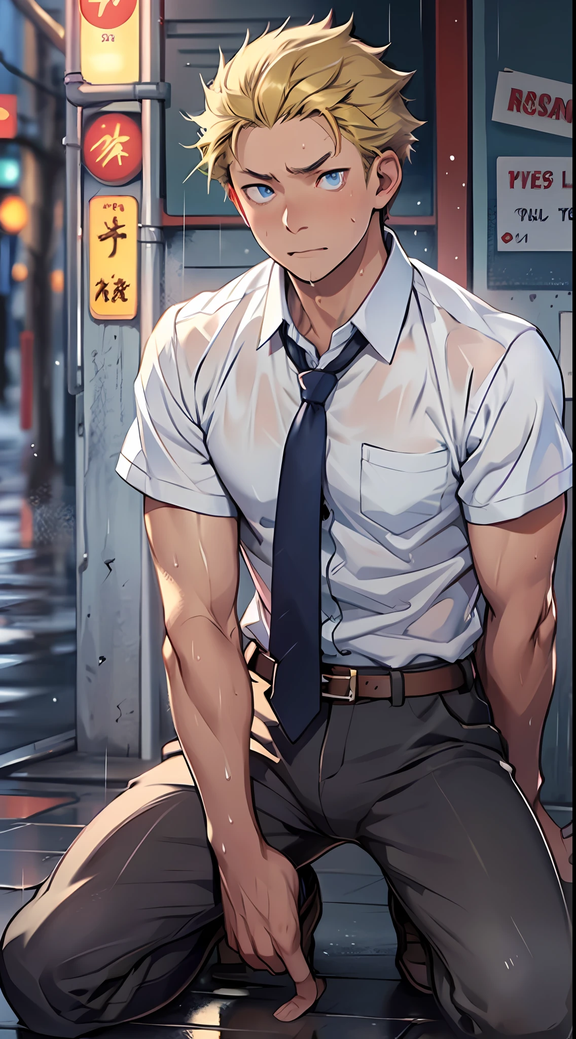 （1 Adult male），A high resolution， Sharp focus， Pixiv masterpiece， （（Complicated details））， highly  detailed， natsuki_subaru， 1 man，Kneel，Close-up of crotch，Crotch view， Pleading，full bodyesbian， blue color eyes（eyes glowing）， Short yellow hair，white  shirt，Wear a tie，Wear a belt，perspire，rain，Drenched，Sweaty crotch，look from down