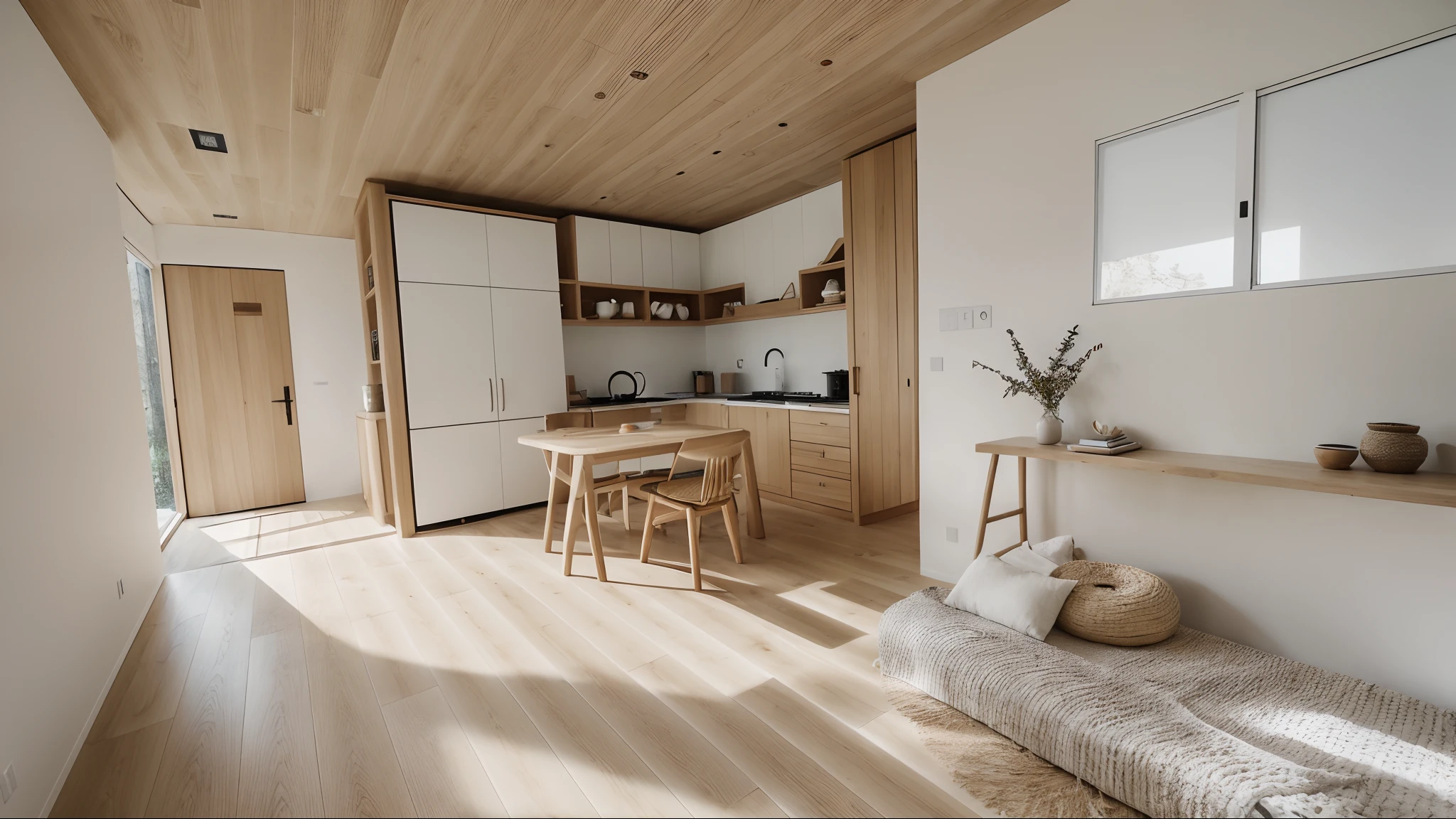 RAW photo, Masterpiece, high quality, best quality, authentic, super detailed,(( oak furniture )), wabi sabi architecture, wabi sabi Living and Kitchen room, tab (white panel, wood panel), ((laminated plaster)), natural day light)), archdaily architecture, (high detail: 1.2), 8k uhd, dslr, soft light, high quality, film grain, Fujifilm XT3, white ceiling.