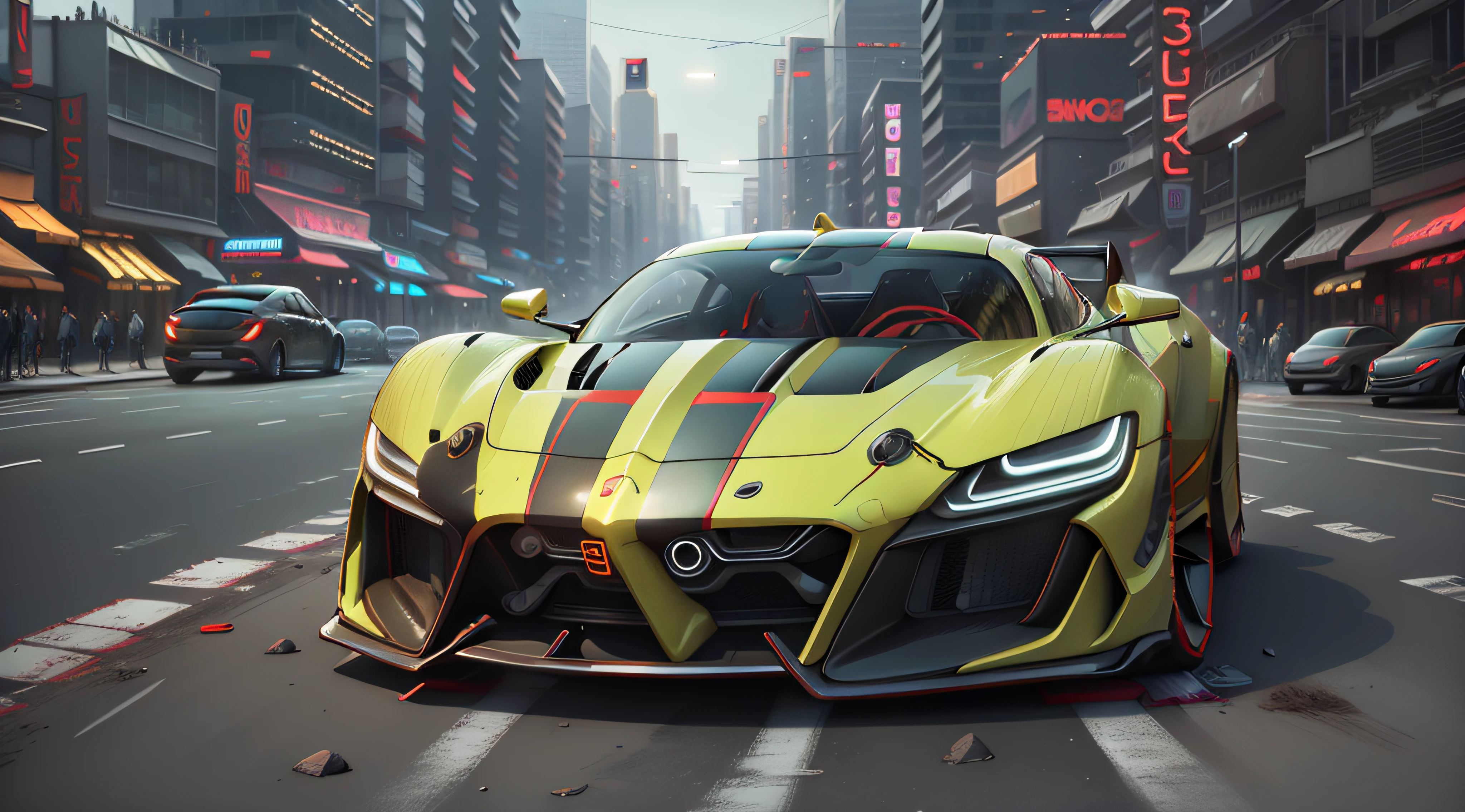 "A sleek and futuristic sports car speeding through the neon-lit streets of a bustling metropolis."