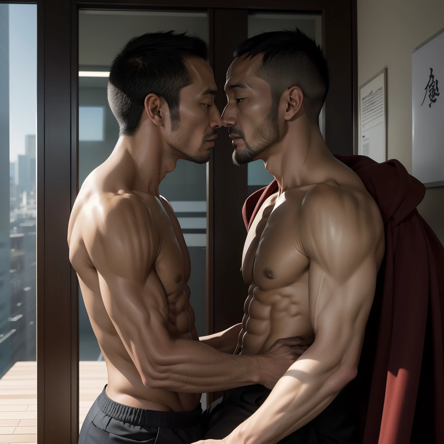 50yearsold,Hidetoshi Nakata ,(Guardiola 1.3),Naked upper body,office room,Tong,Bulge,Thin,musculature,lbeard,fortitude,artwork of a,tmasterpiece,k hd,frontage,pantiess,Two people kissing,中景 the scene is