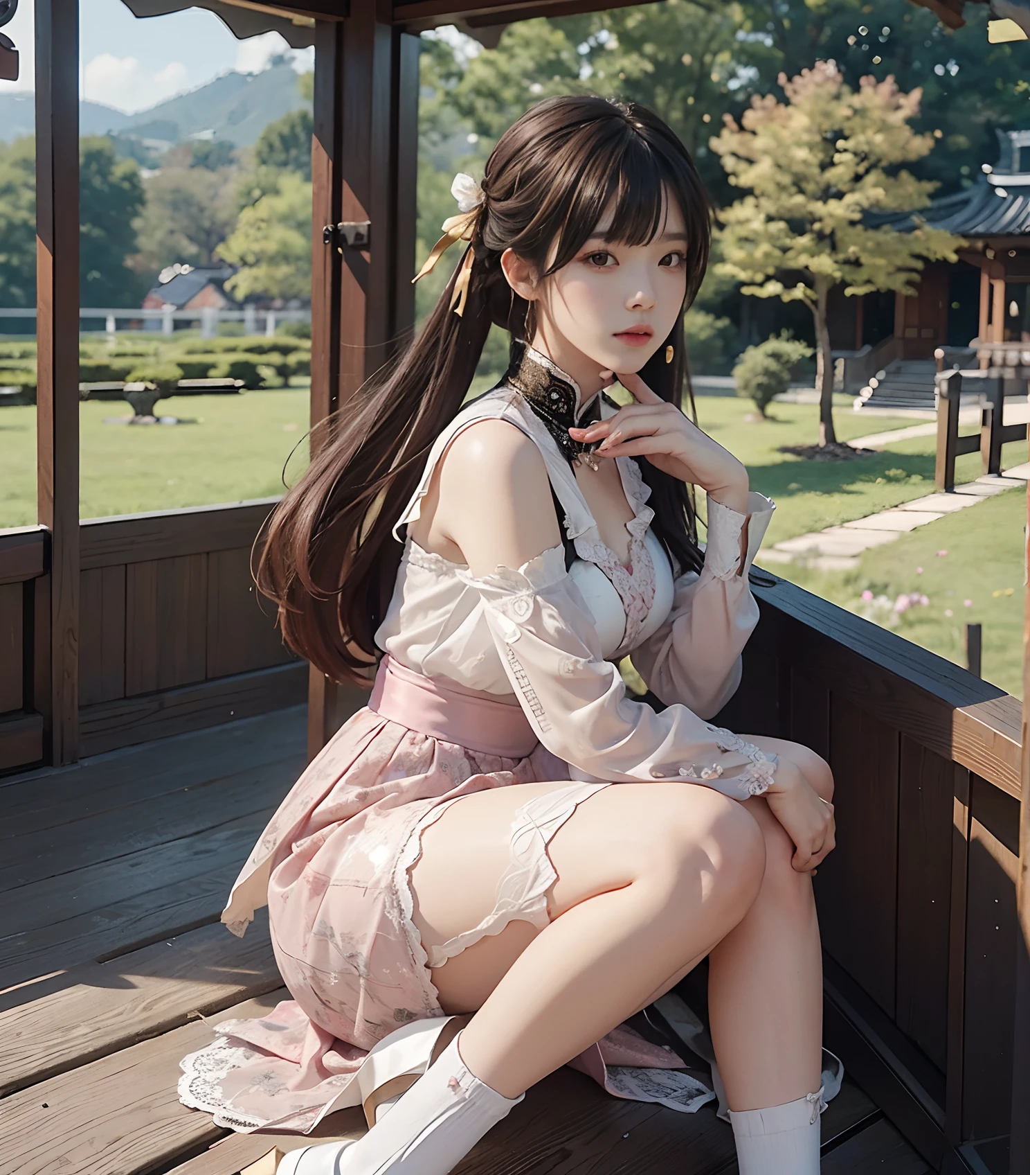 Girl in pink dress posing enchantingly, Keqing from Genshin Impact, Nakari from Genshin Impact, Barbie in white lace stockings, from Azure Lane video game, Ki no Sakura, popular on CGSTATION, Ayaka Genshin Impact, Ayaka Game Genshin Impact, sitting, lights hitting important places, Peter Savile's "Super Wide Angle" album cover in gold and black tones adds a historical and traditional atmosphere to the futuristic background East Asian architecture, blurred background, full body, With the arms behind the back, overall, the design creates a powerful visual representation that evokes excitement and anticipation in the viewer, evoking their feelings about the music within the album. Flowers in hand