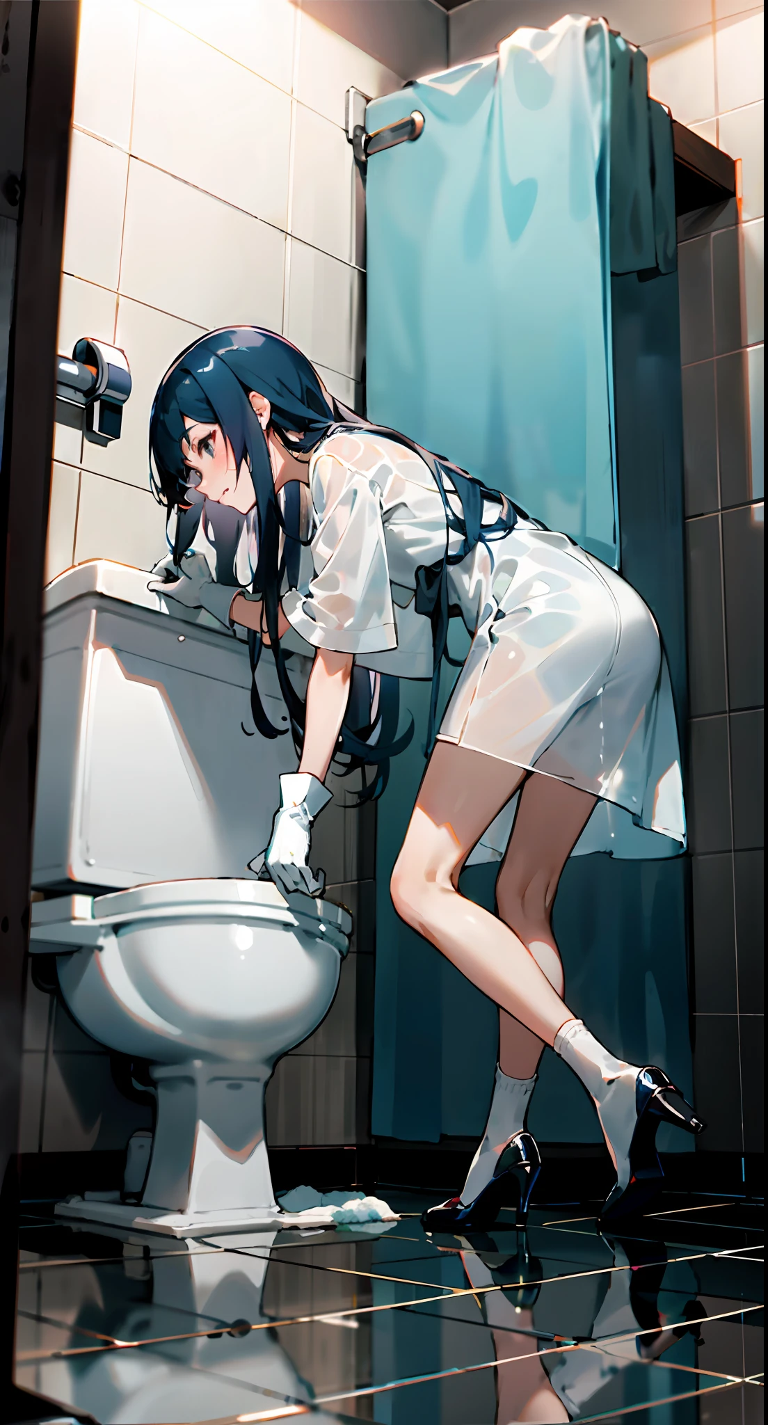 Long hair anime girl wearing white gloves,Kneeling in the dirty men's toilet,Wear white socks,Black high heels,see-through raincoat,Take a towel to clean the white transparent liquid on the floor