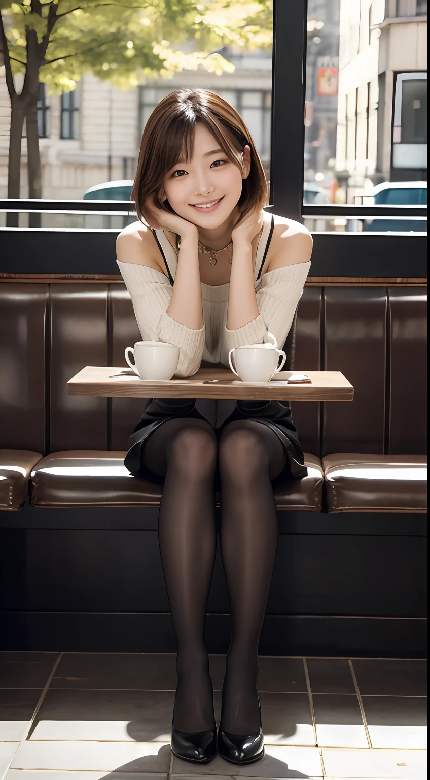 8k uhd, dslr,film grain, Fujifilm XT3,(best quality:1.3), (masterpiece:1.1), high resolution, cinematic light, intricate details, (photorealistic),outside,beautiful outside,sunny,
korean girl,(in cafe:1.5) , dimples, bobcut, looking at viewer, detailed trees, ribbons, bowties, bare shoulders, ribbed sweater, 
pencil skirt, high-waist skirt, head rest, sitting, indoors,
 necklace,black pantyhose, sheet transportation sweater, (smile),(full body:1.6),slender,