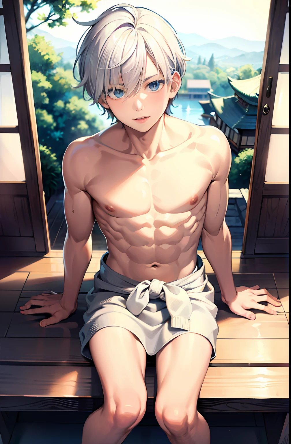masterpiece, best quality, high quality, 1boy,10yo, , duo, male focus, full body, looking at viewer, white hair,spiky hairstyle, short hair, steam smork, japan style, anime coloring, shy, home muji style, detailed face, topless, white towel on waist,