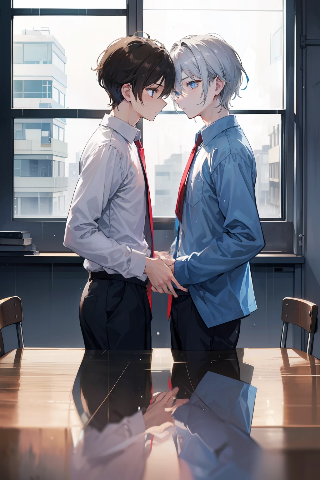 Two boys, a silver-haired boy and a brown-haired boy, are talking、White short-haired boy with blue eyes, Brown short-haired boy has brown eyes、Empty classroom、It's dark and raining outside the window、Two lovers、Boys Love、hight resolution、ultra-detailliert