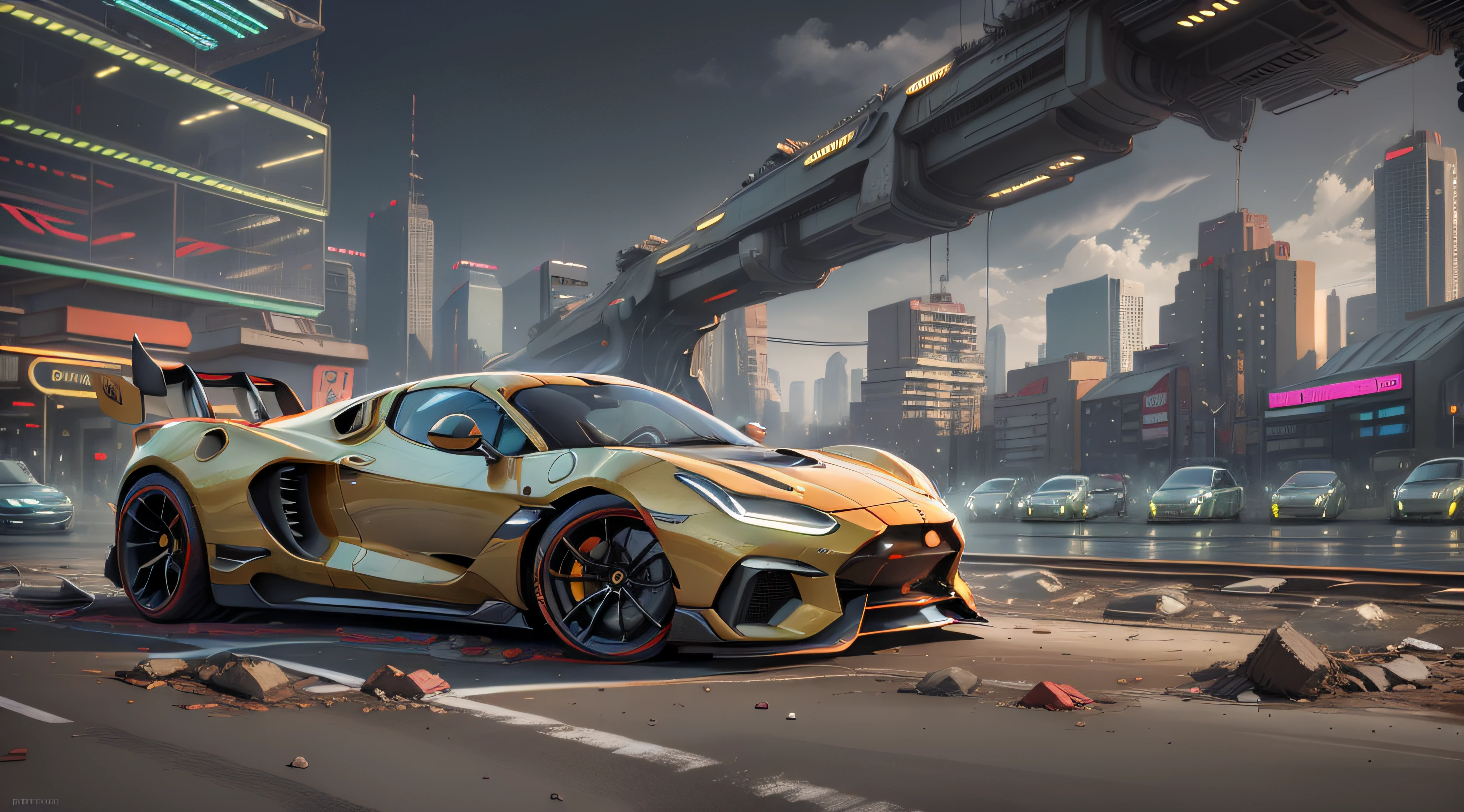 "A sleek and futuristic sports car speeding through the neon-lit streets of a bustling metropolis."