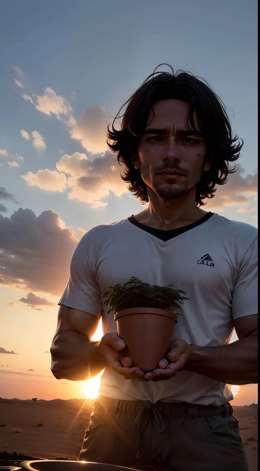 Uma cena de um velho caipira, inclinado sobre a terra, planting seeds with calloused hands, as the sun sets in the background.