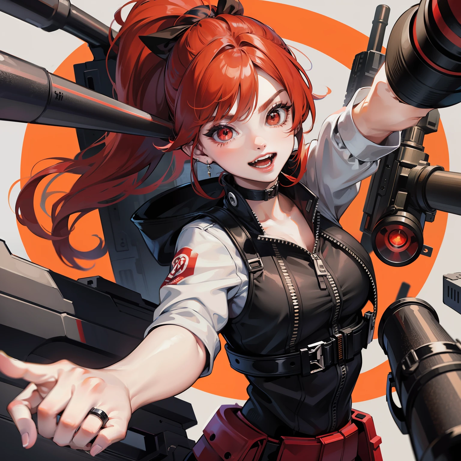 pretty woman psycho crazy laugh, holding guns pointing at camera, red eyes, crazy eyes, red hair, short ponytail