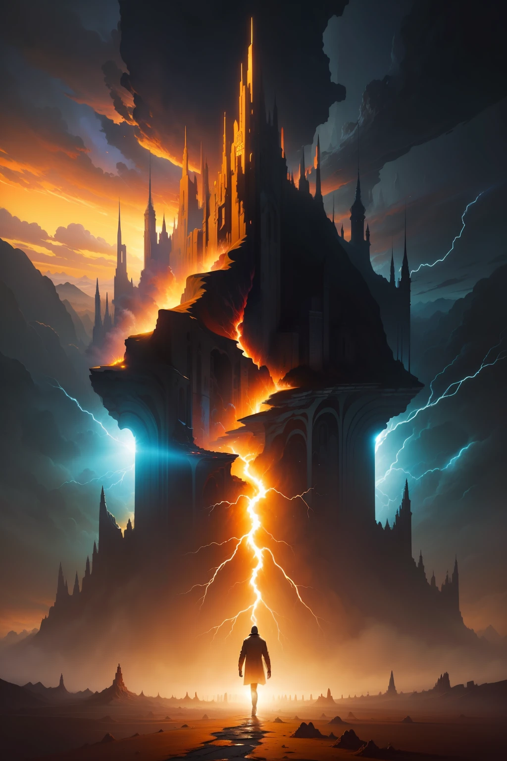 mystical worlds, one man is walking on burning earth, leaving a deep crack in the ground behind him, separating the ground. exploding sun in dramatic clouds, lighting bolts. acrylic painting by RHADS and Igor Morski and Jacek Yerka, intricate details, fantasy, beautiful, award winning photography, fantastic view, crisp quality, amber glow, vibrant colours, volumetric lighting, polished, masterful surrealism, cel-shaded, high definition,